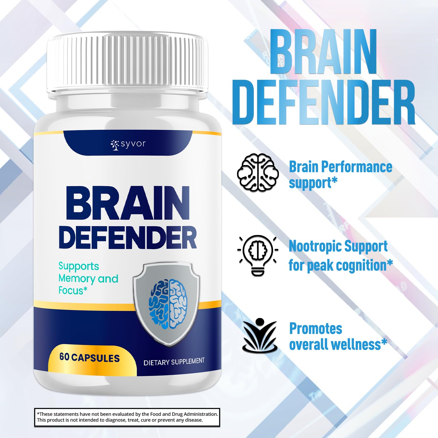 Brain Defender bottle with ingredients layout