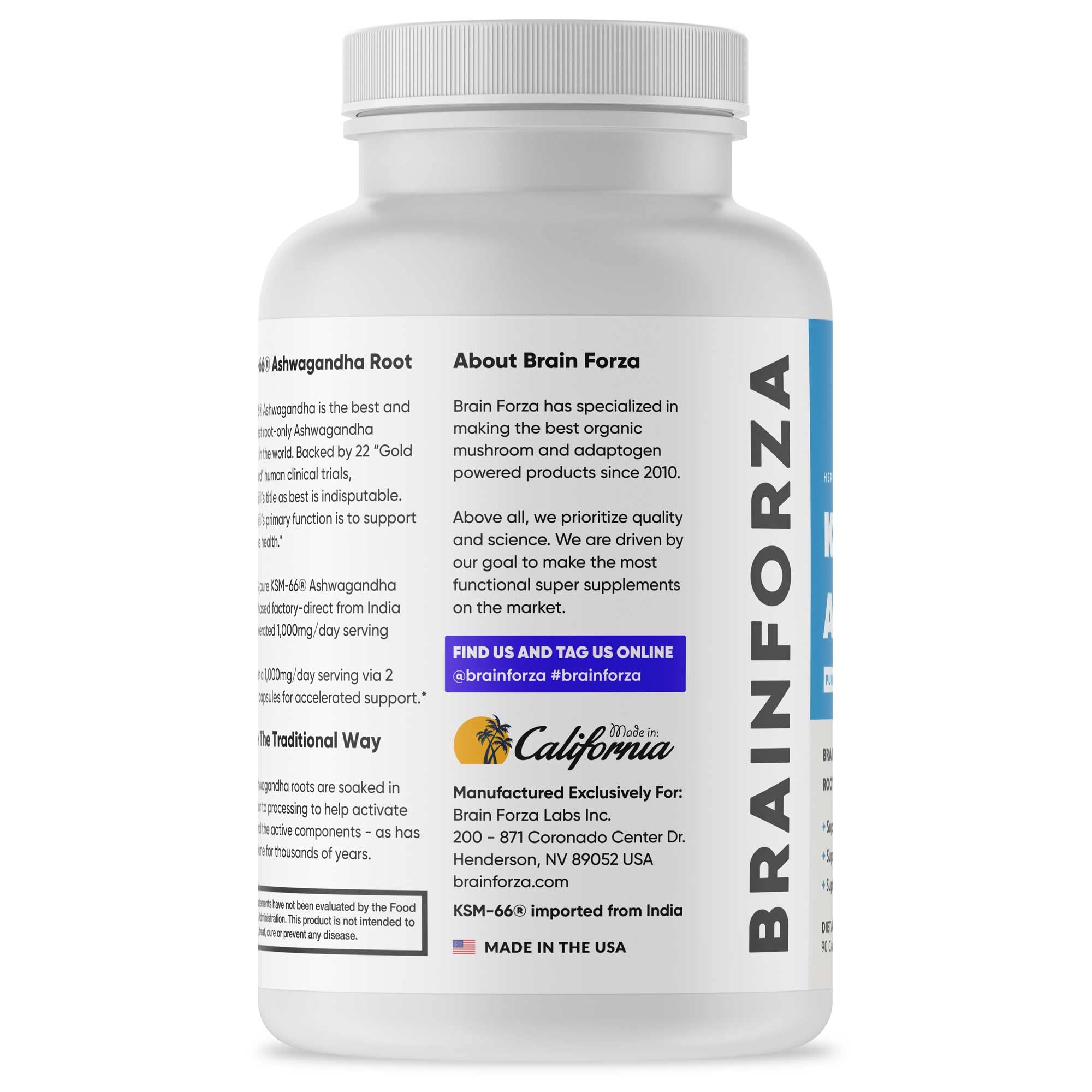 Brain Forza KSM-66 Ashwagandha bottle back with supplement facts for informed use.