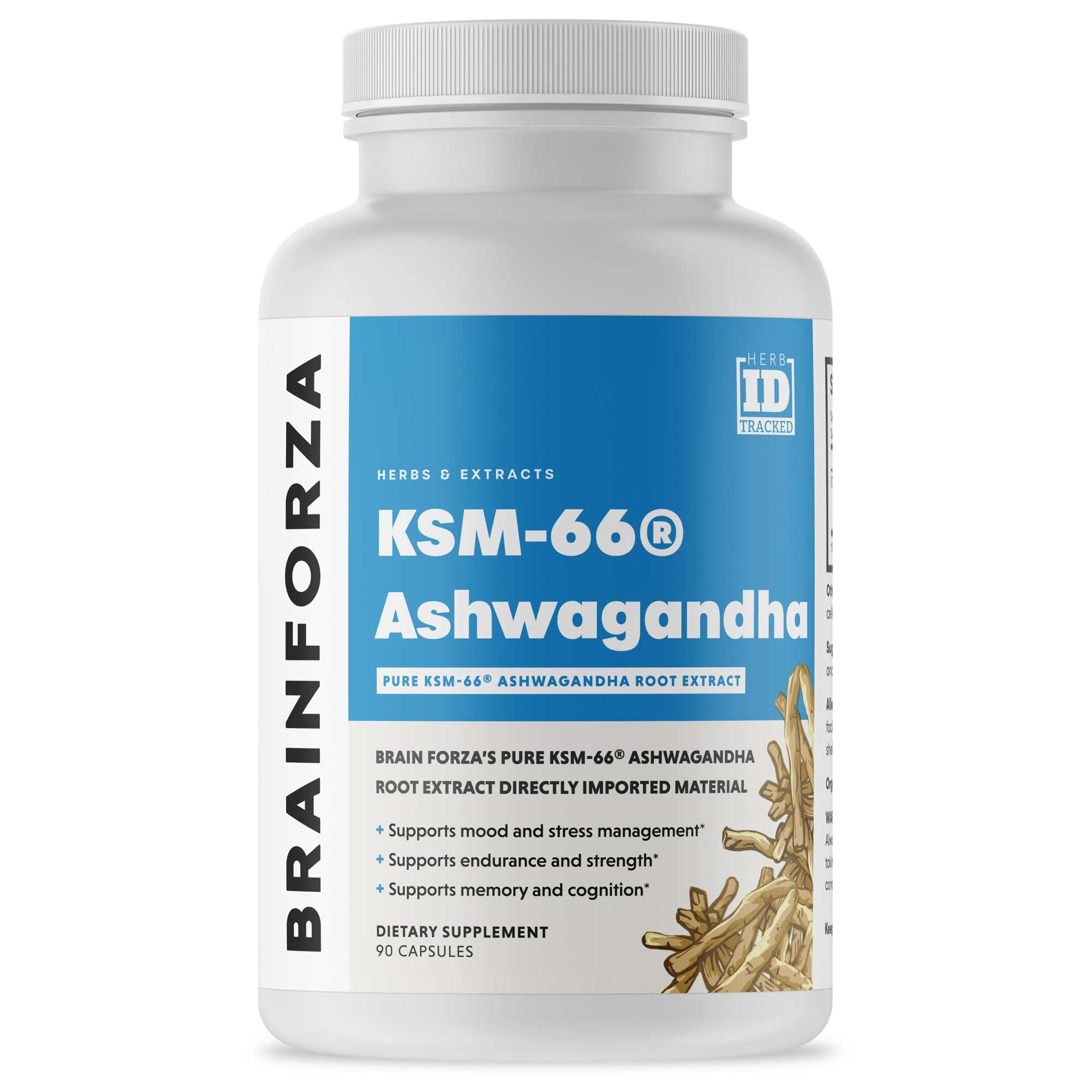 Brain Forza KSM-66 Ashwagandha bottle front shows organic 1000mg dose for daily support.