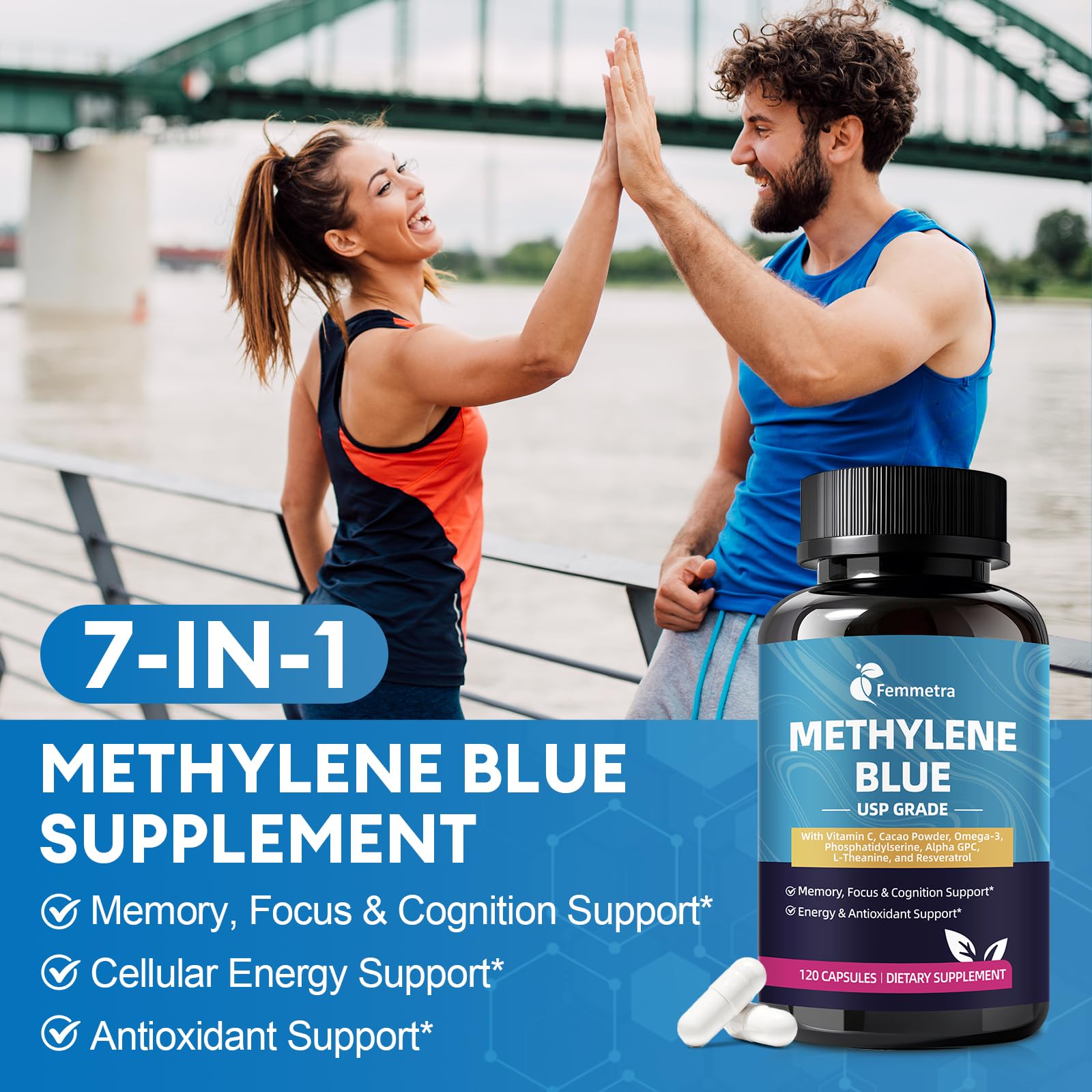 Brain health and cognitive support illustration featuring methylene blue capsules