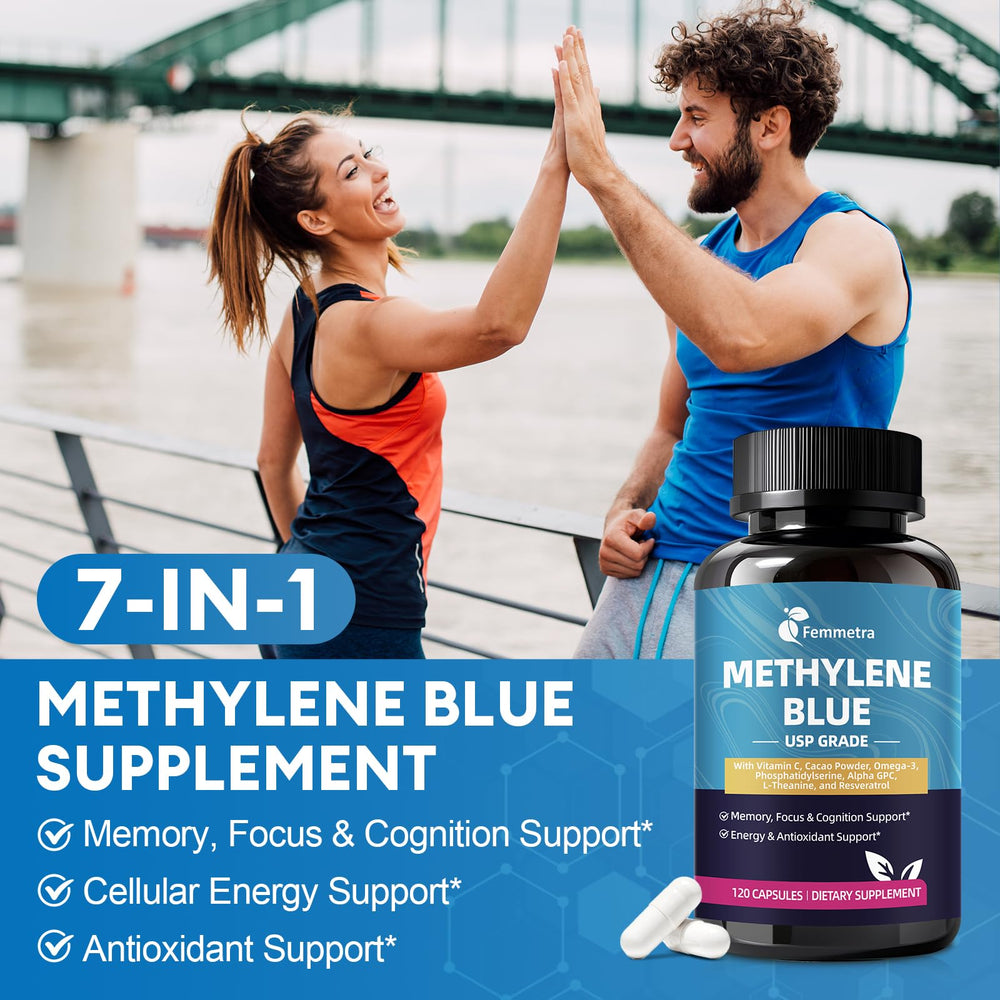 Brain health and cognitive support illustration featuring methylene blue capsules