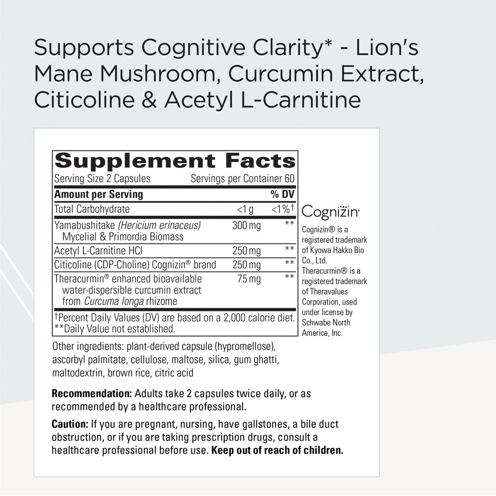Brain health supplement bottle labeled vegan, gluten-free and dairy-free