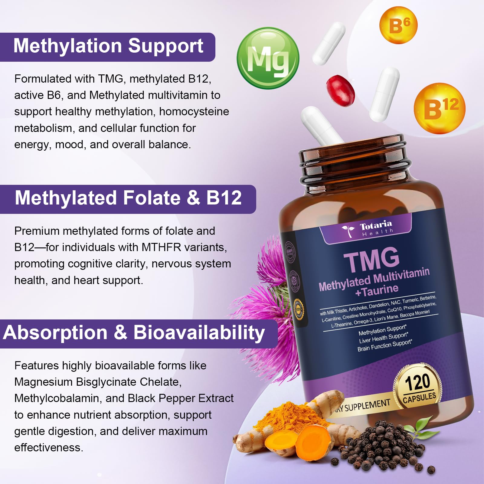 Brain and heart support ingredients: Choline, Phosphatidylserine, L-Theanine, Lion’s Mane.