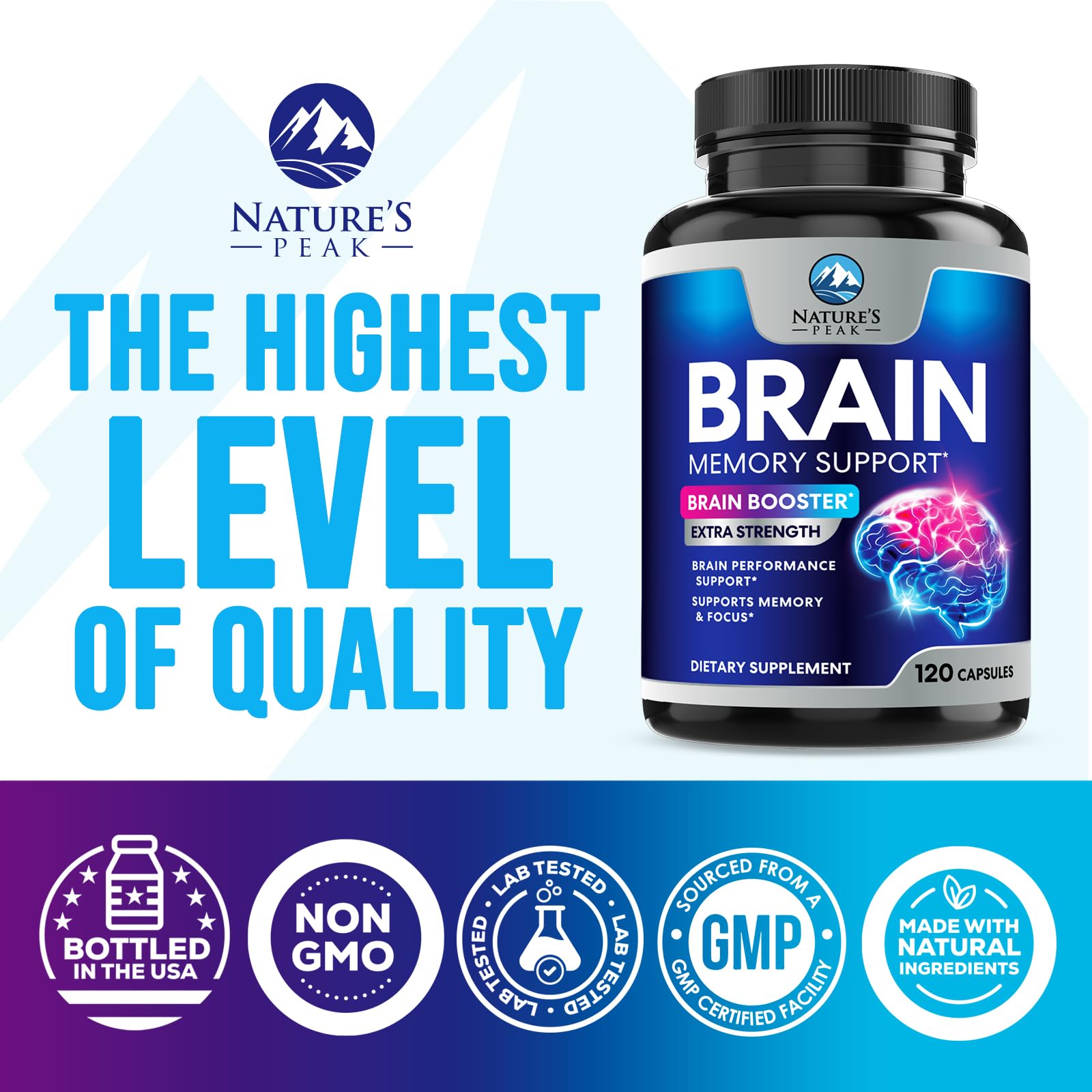 Brain memory supplement bottle on a wooden desk