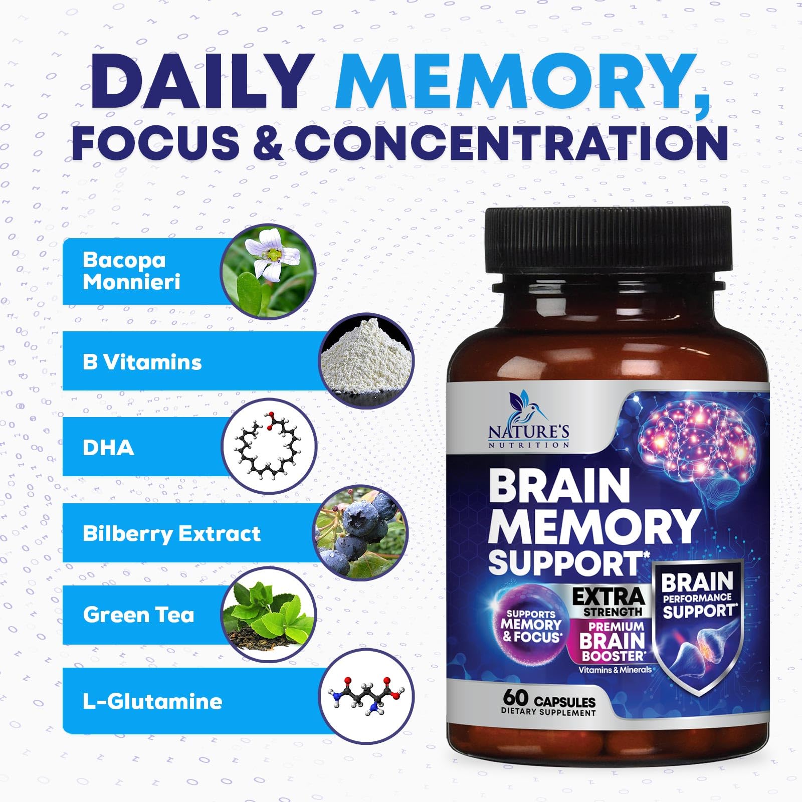 Assorted memory vitamins and brain nootropics products