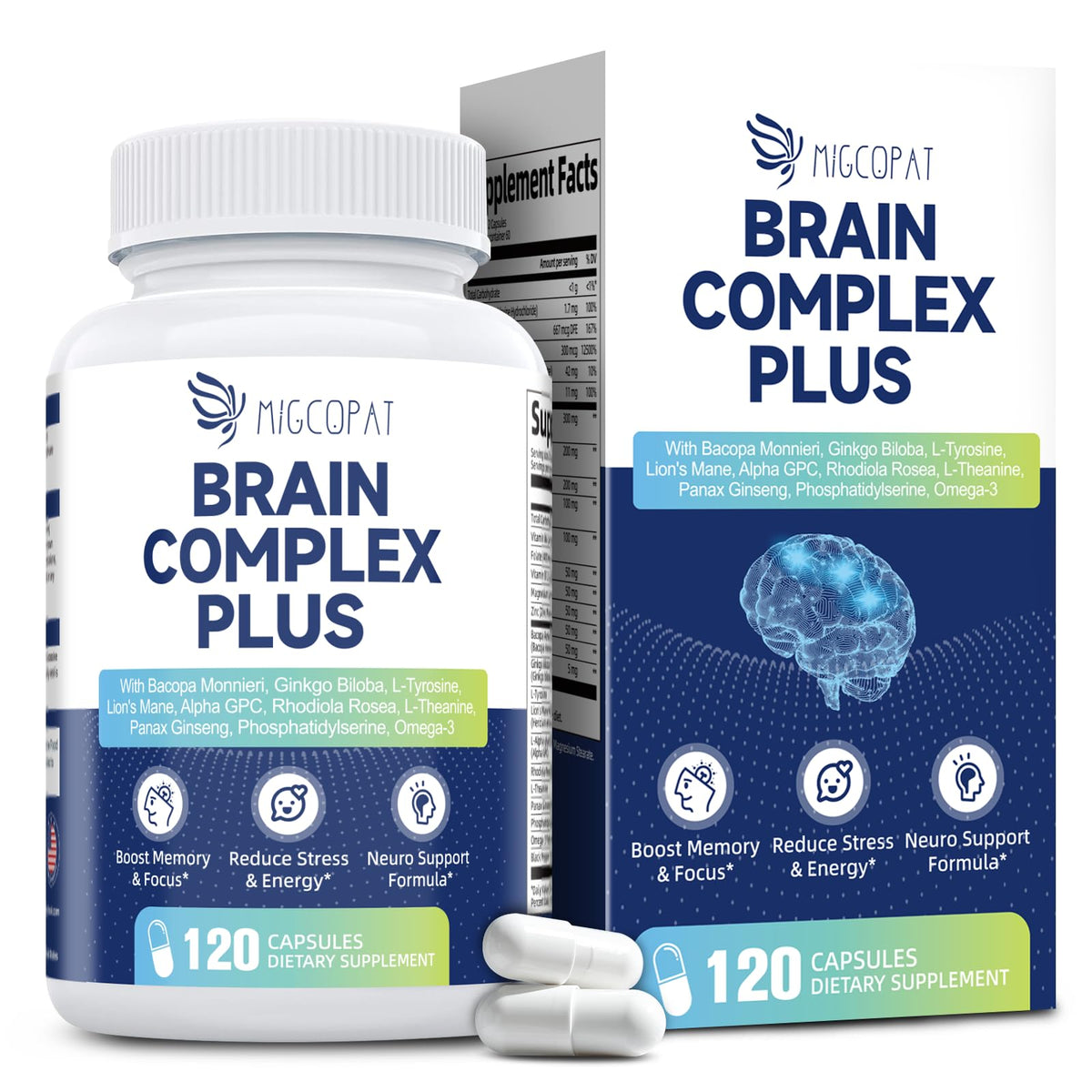 Migcopat brain supplement bottle with 120 capsules