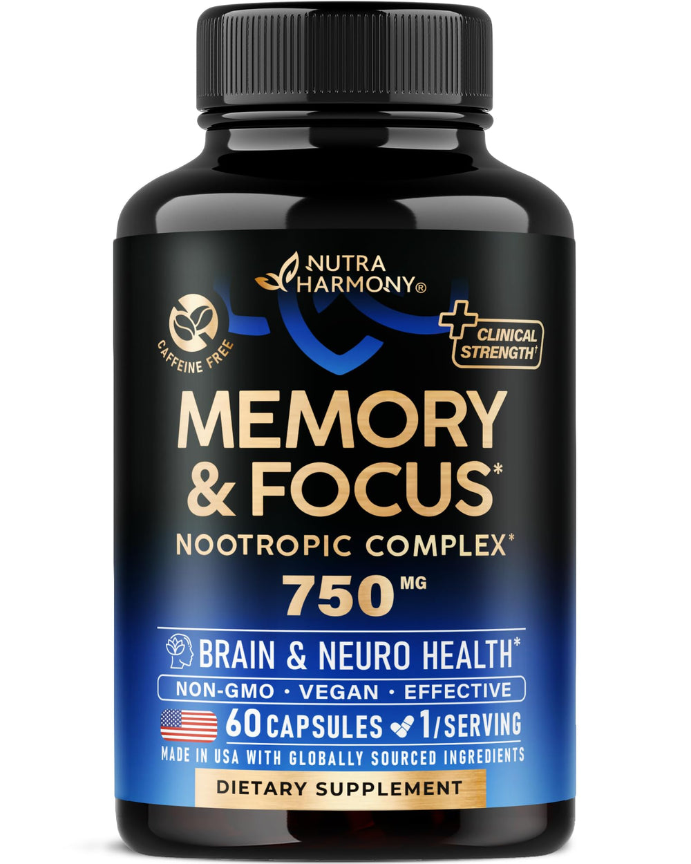 Bottle of brain supplement memory and focus 60 capsules