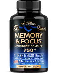 Bottle of brain supplement memory and focus 60 capsules