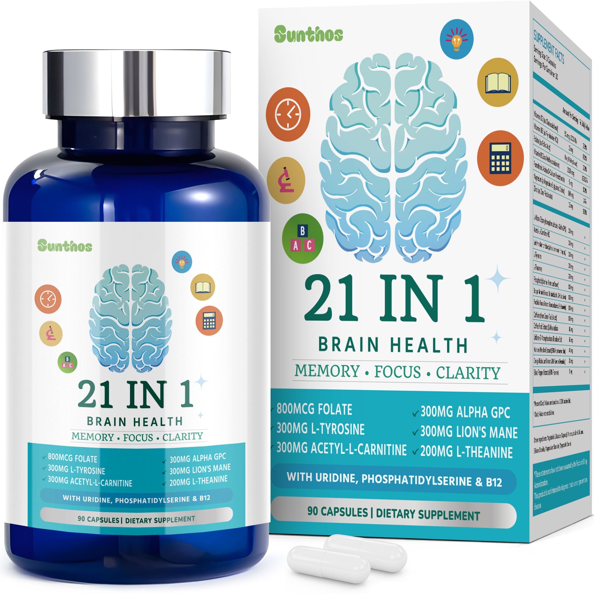 Brain supplements bottle with 90 capsules for memory and focus