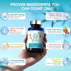 Front view of 21-in-1 brain supplement packaging