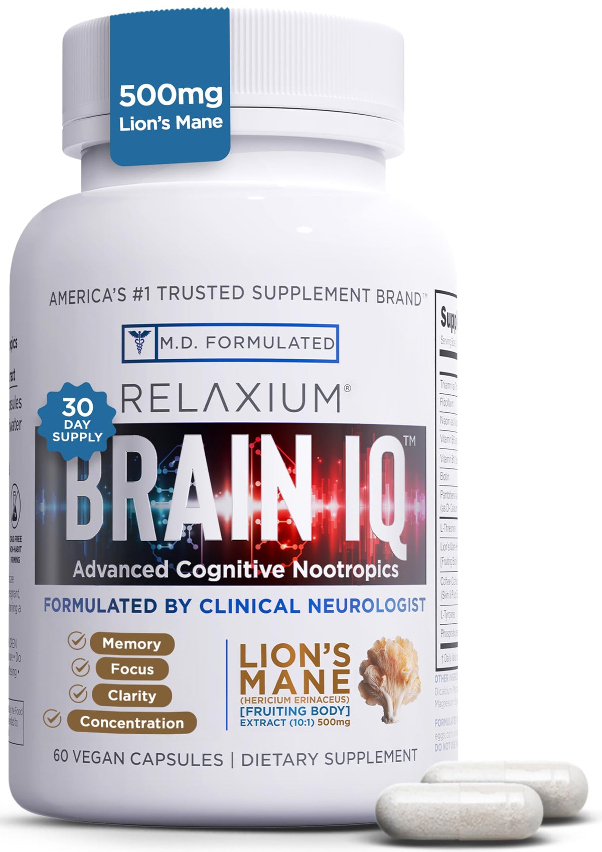 Relaxium BrainIQ Nootropic Supplements - hero bottle on white background