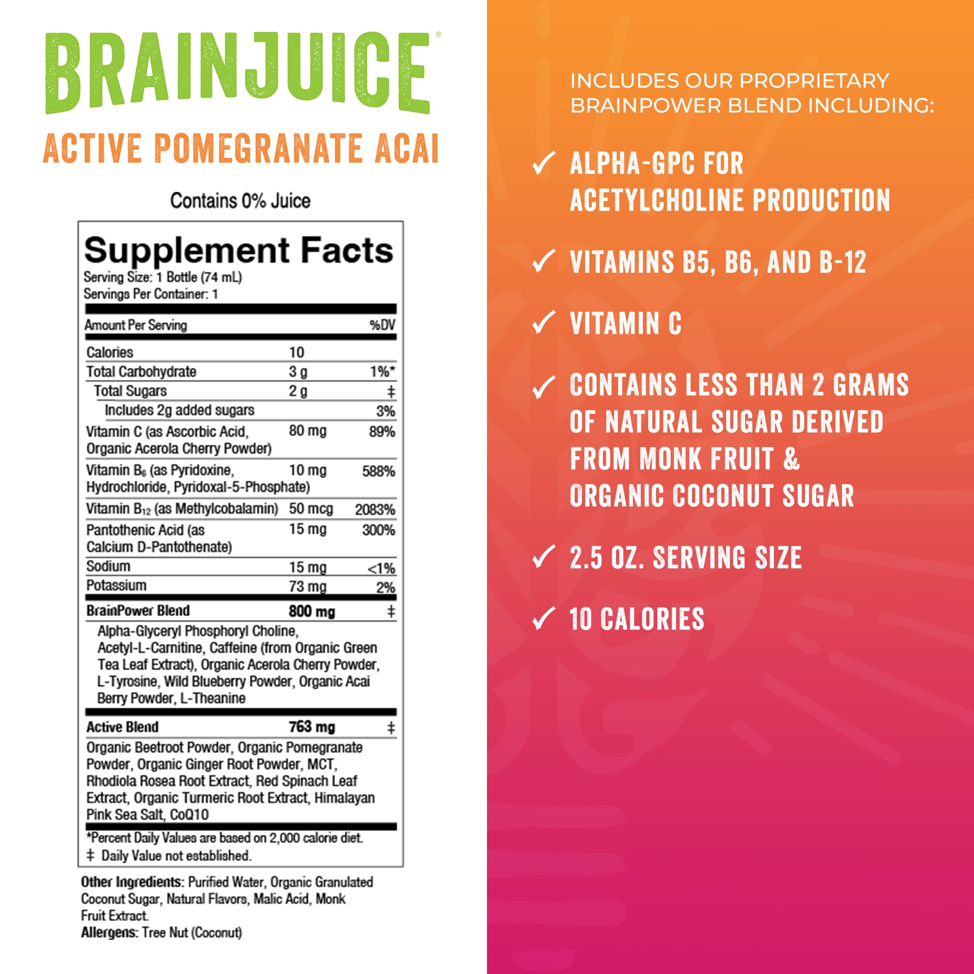 BrainJuice Active shot ingredients highlight Alpha GPC and B vitamins.
