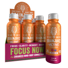 BrainJuice Active shot bottle with pomegranate acai flavor for quick focus.