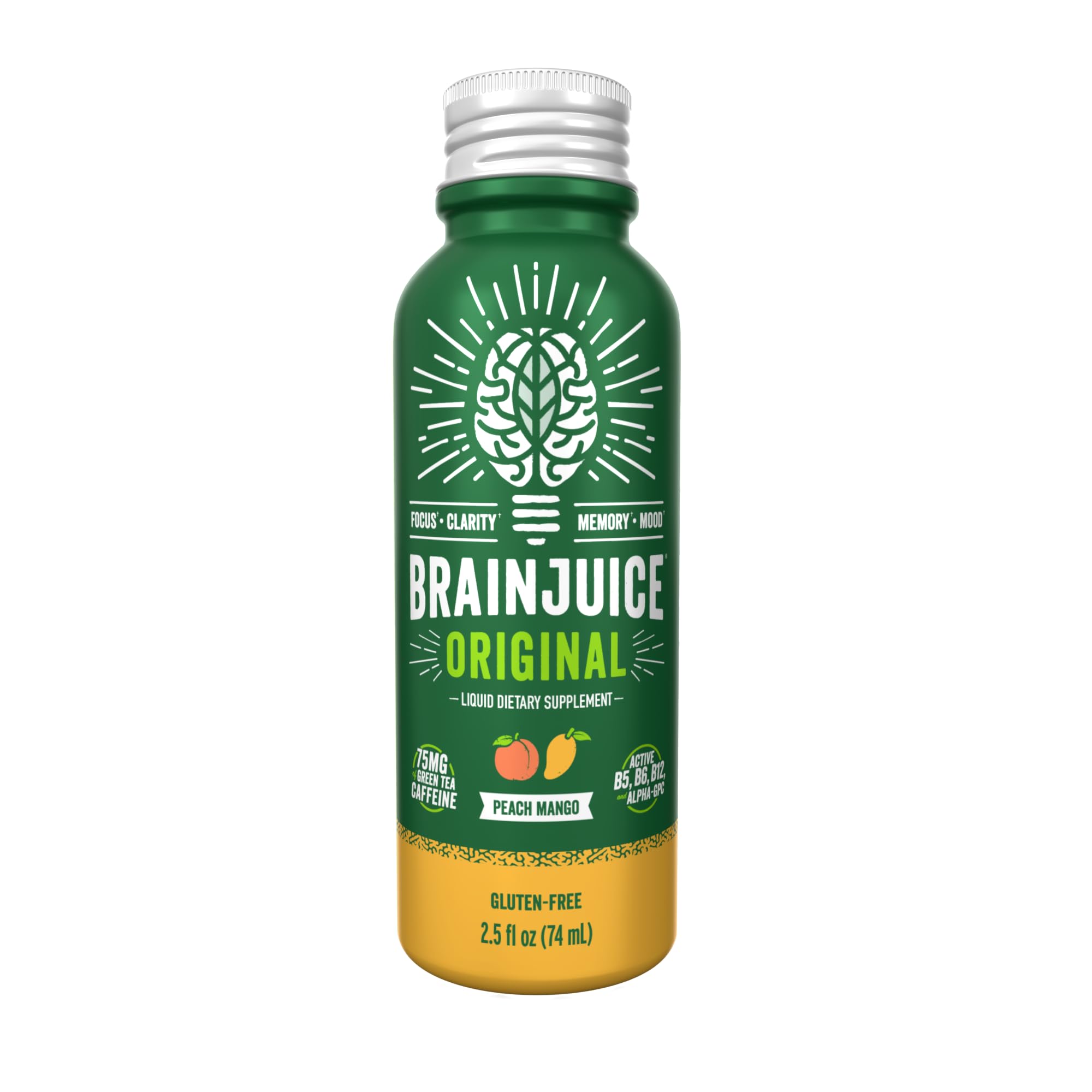 BrainJuice brain-support-shot Peach Mango on office desk suggests midday pick-me-up without jitters.