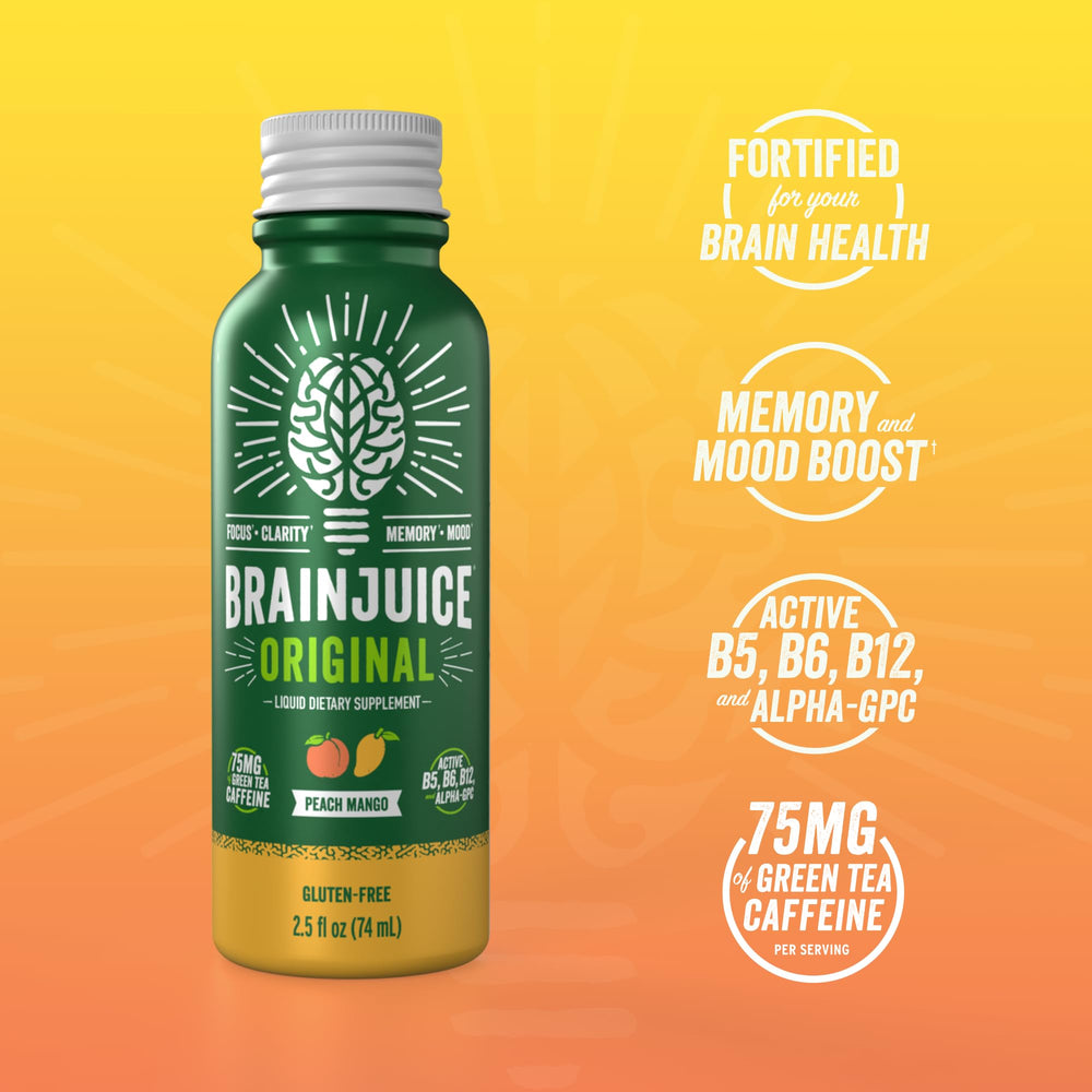 BrainJuice brain-support-shot Peach Mango ingredients chart emphasizes Alpha-GPC and L-Theanine for clean energy.
