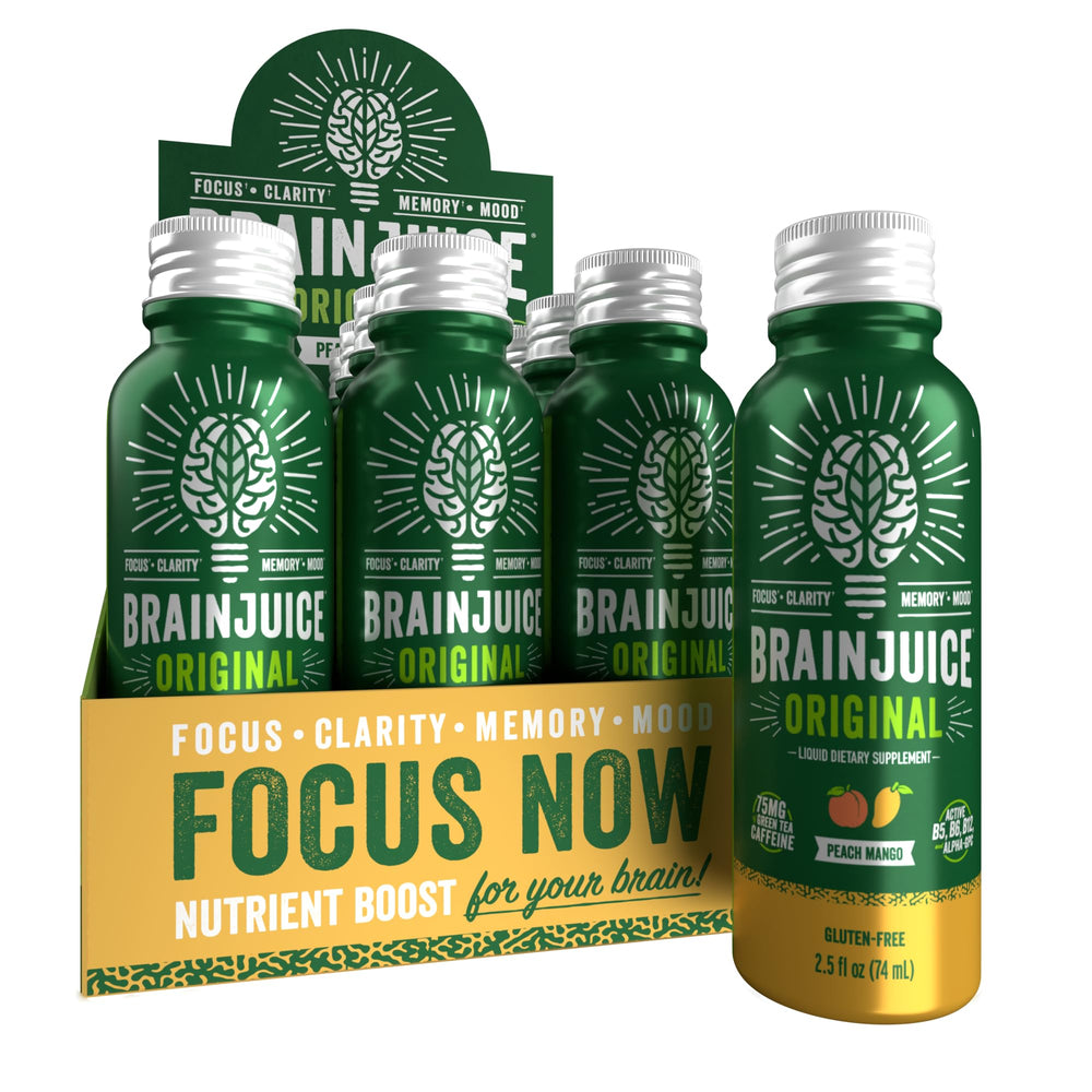 BrainJuice brain-support-shot Peach Mango packaging highlights portable cognitive support on the go.