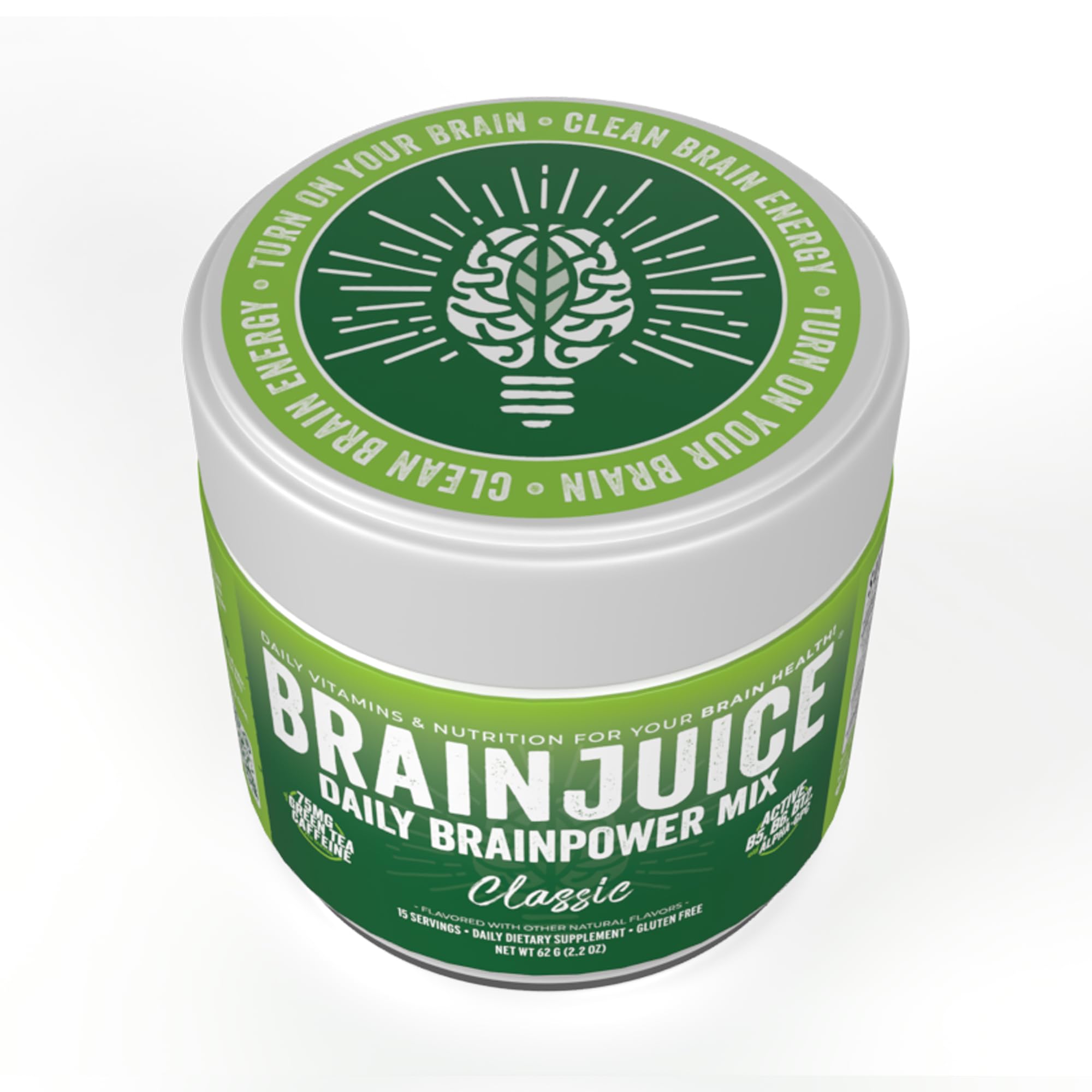 BrainJuice Classic ingredients list highlights Alpha-GPC and L-Theanine for focus.