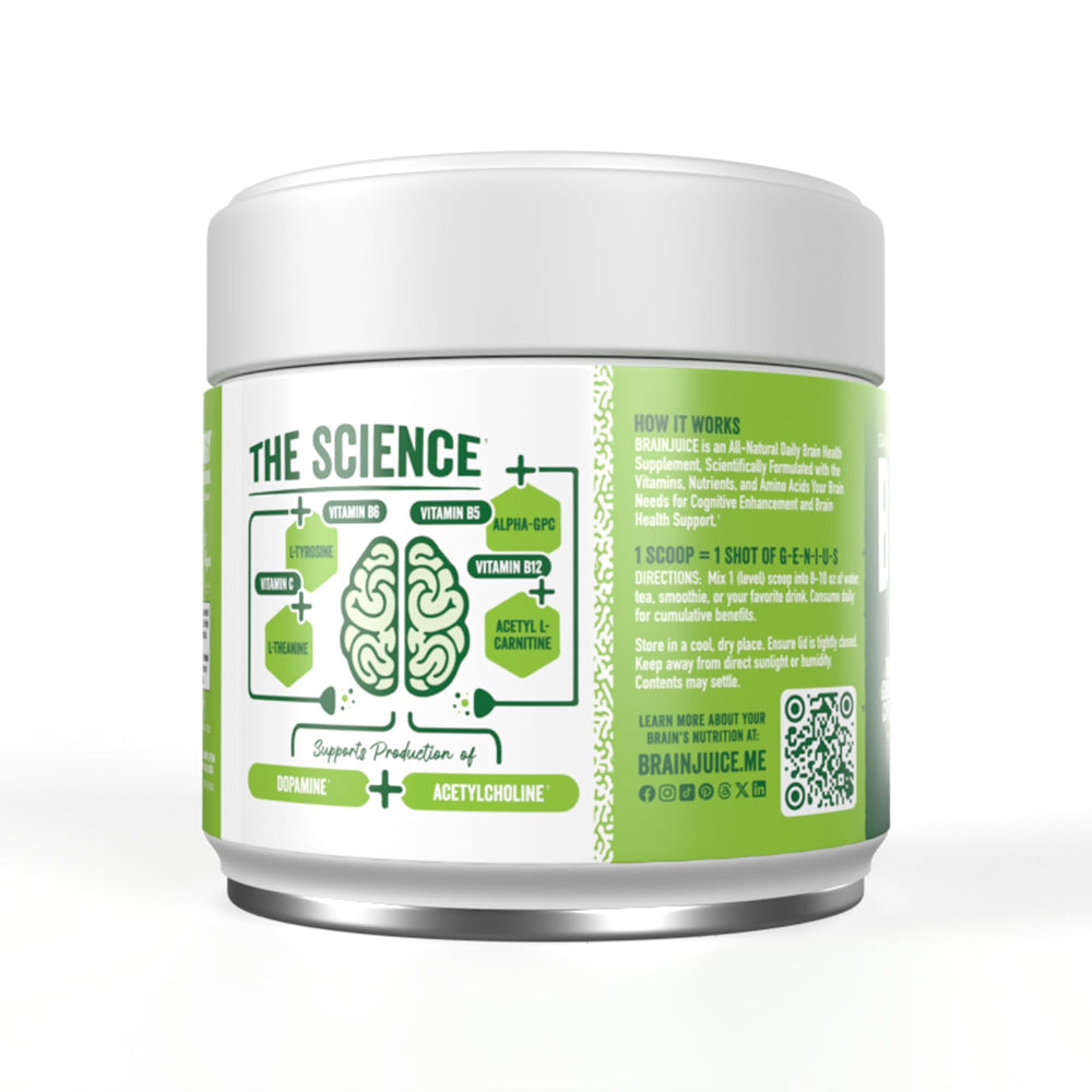 BrainJuice Classic packaging emphasizes gluten-free, vegan ingredients and clean label.