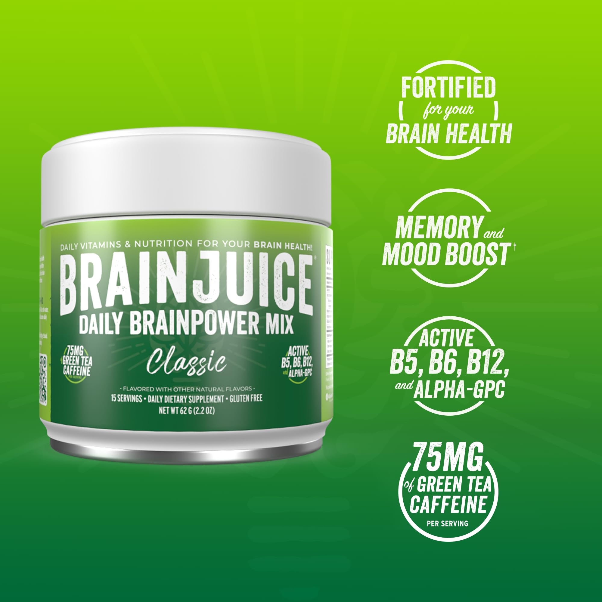 BrainJuice Classic scoop pouring into glass for quick energy and clarity.