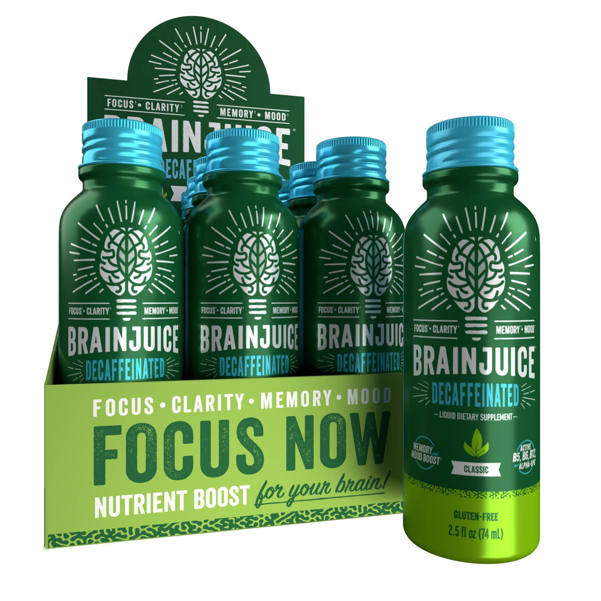 BrainJuice decaf brain-support shot classic bottle helps quick focus on busy days.