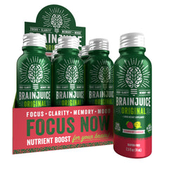 BrainJuice energy shot bottle shows convenient focus support.