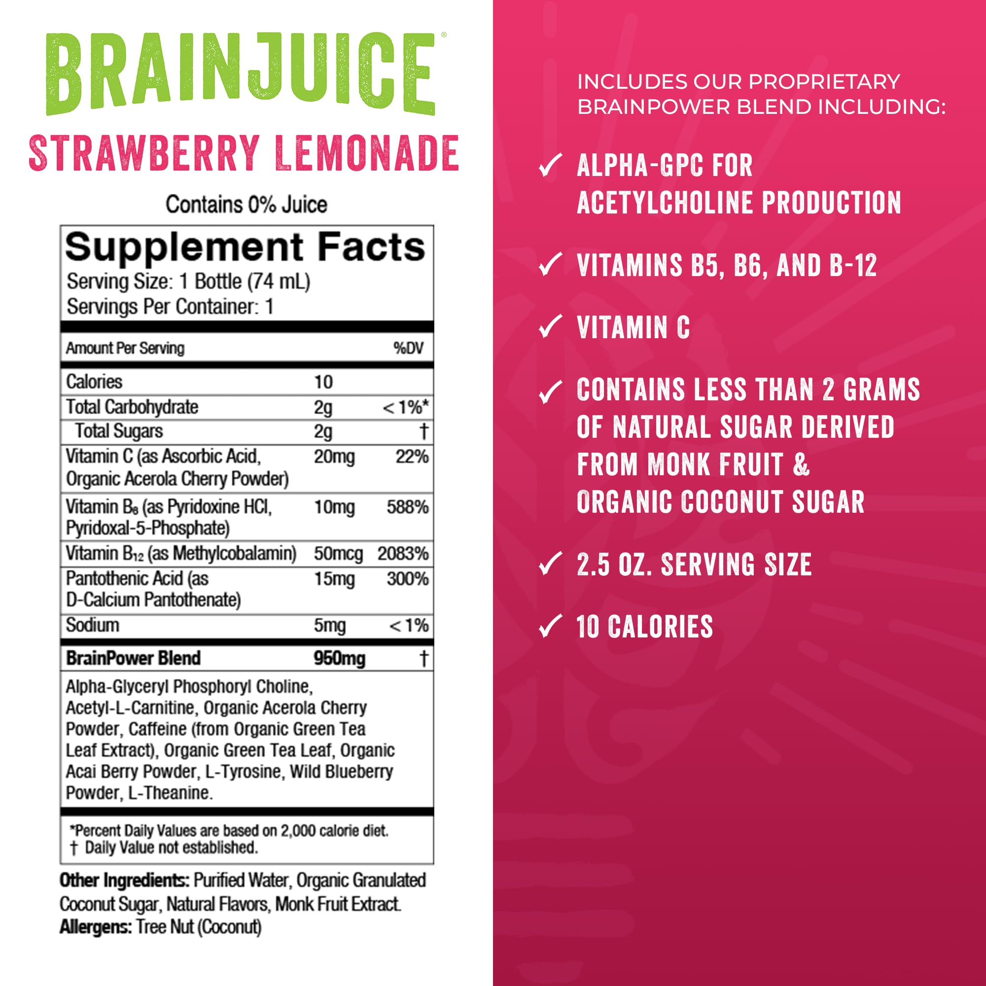 BrainJuice energy shot ingredients panel highlights Alpha-GPC and B vitamins.