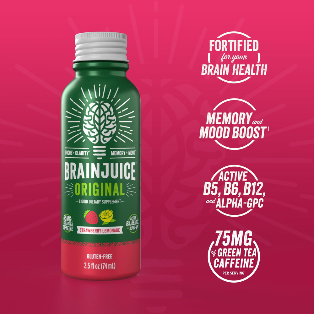BrainJuice energy shot being poured for quick alertness.
