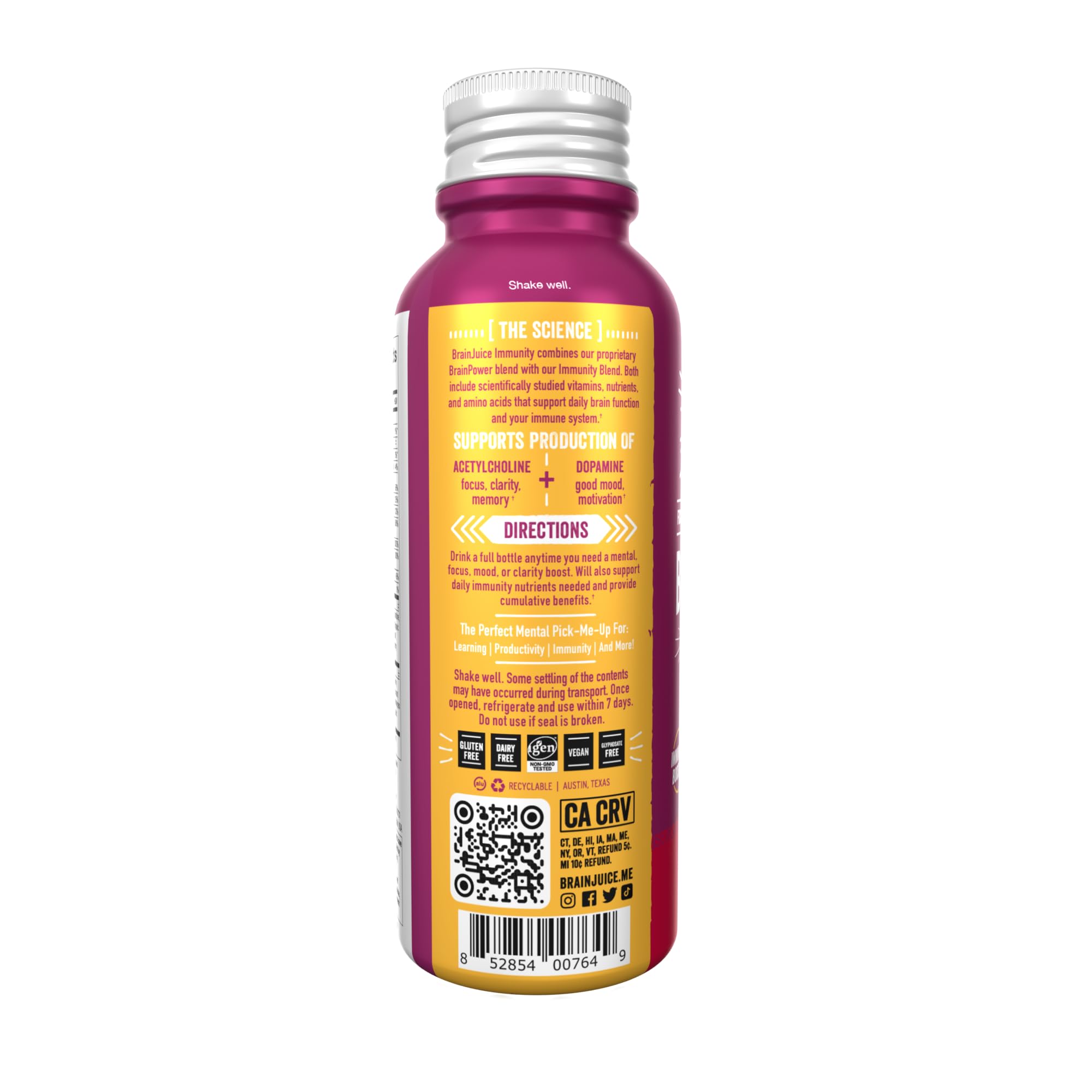 Vitamin C, Vitamin D, Zinc icons with BrainJuice Immunity label