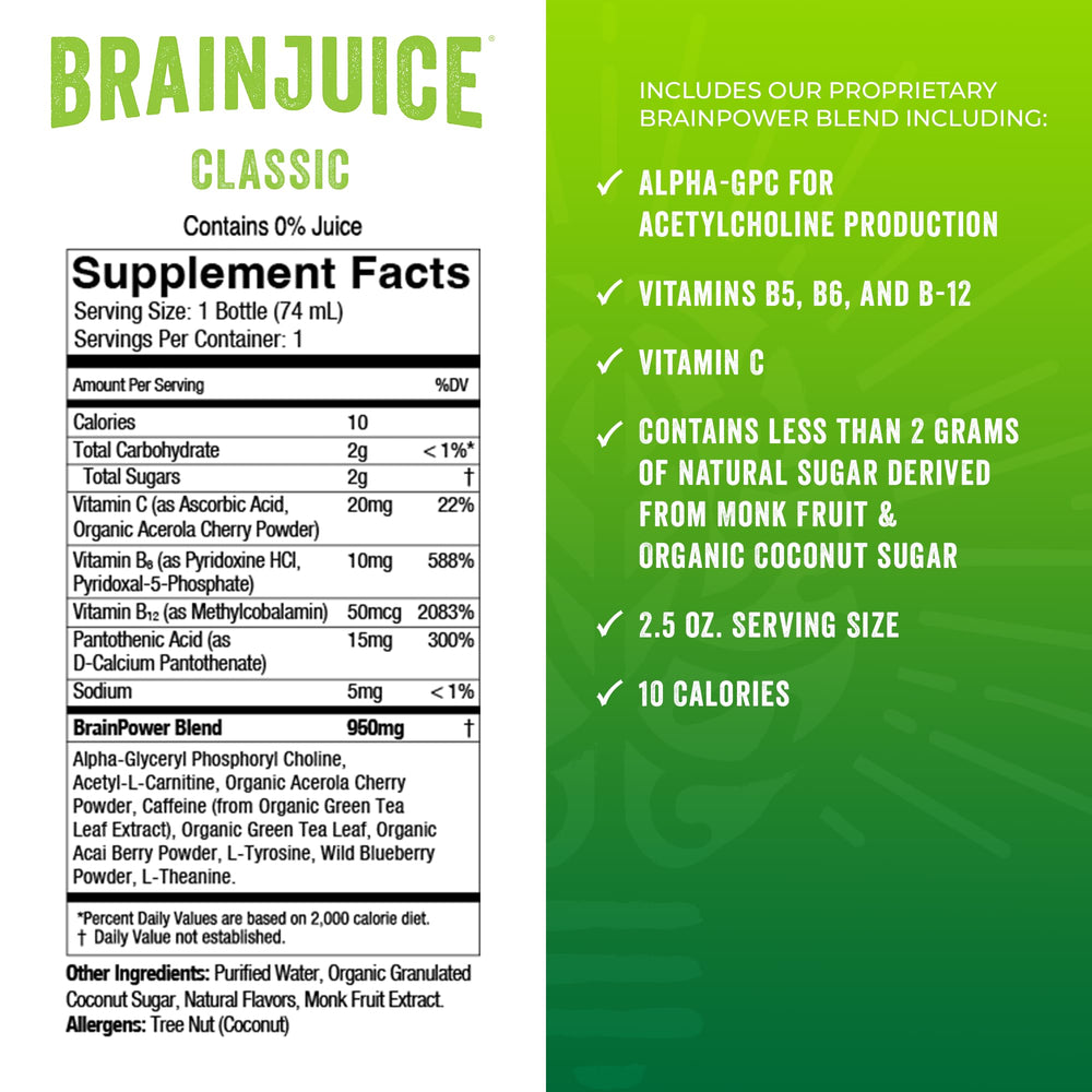 BrainJuice ingredient Alpha-GPC and L-Theanine highlight for focus and calm