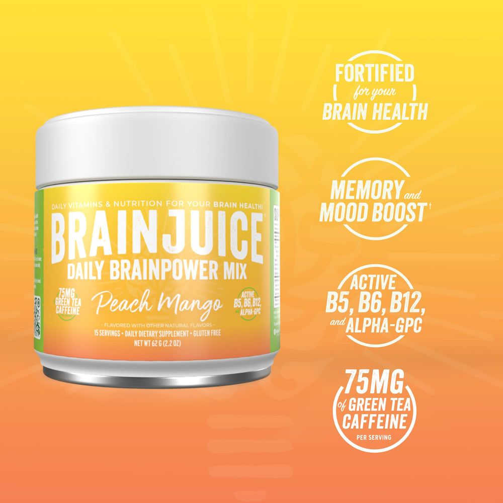 BrainJuice Peach Mango powder jar label