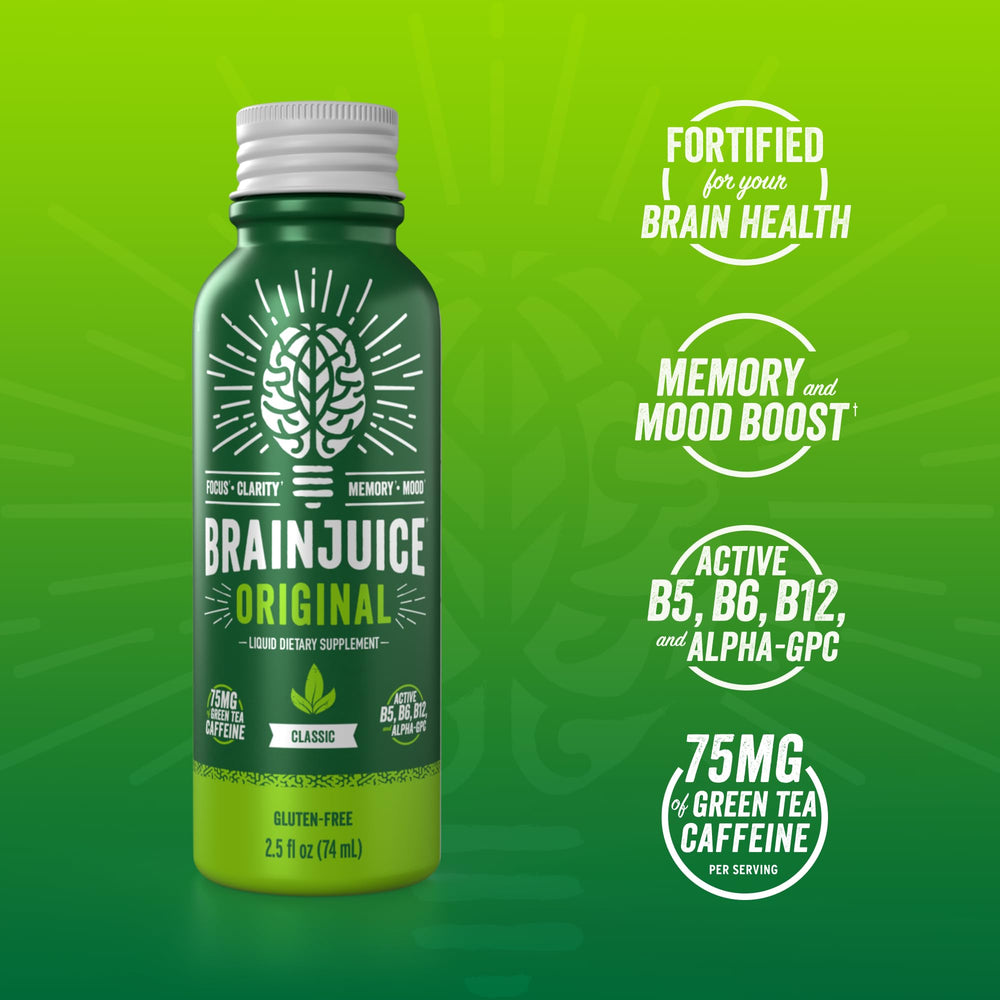 BrainJuice shot bottle pour showing easy on-the-go energy for quick alertness