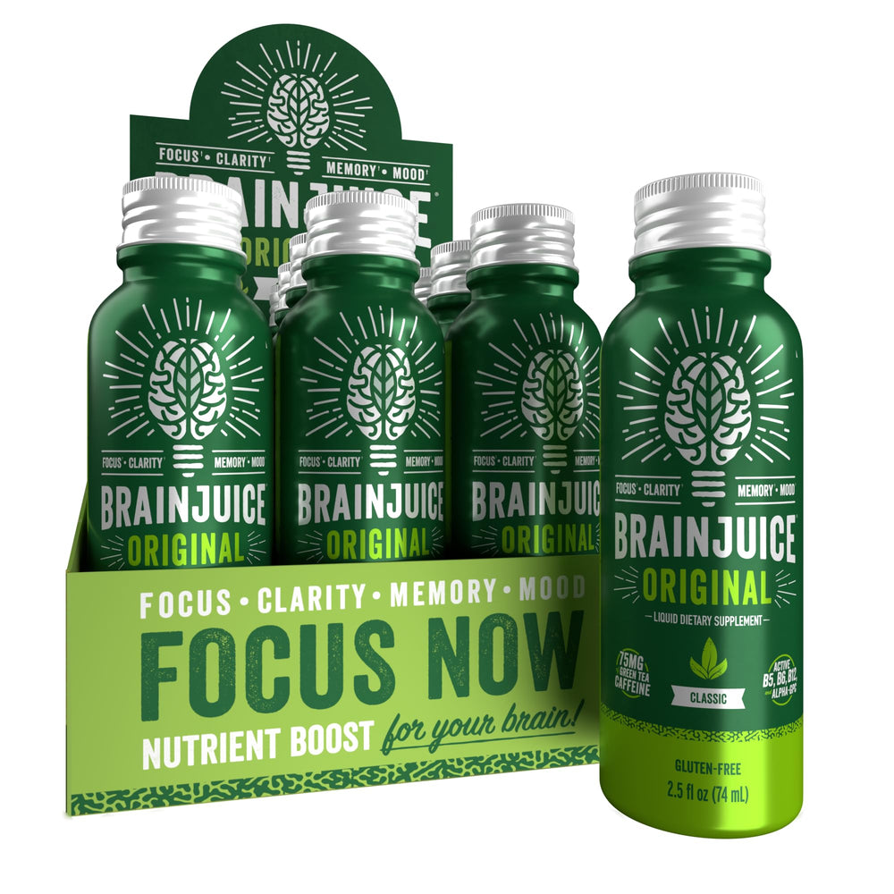 BrainJuice shot bottle pour showing easy on-the-go energy for quick alertness