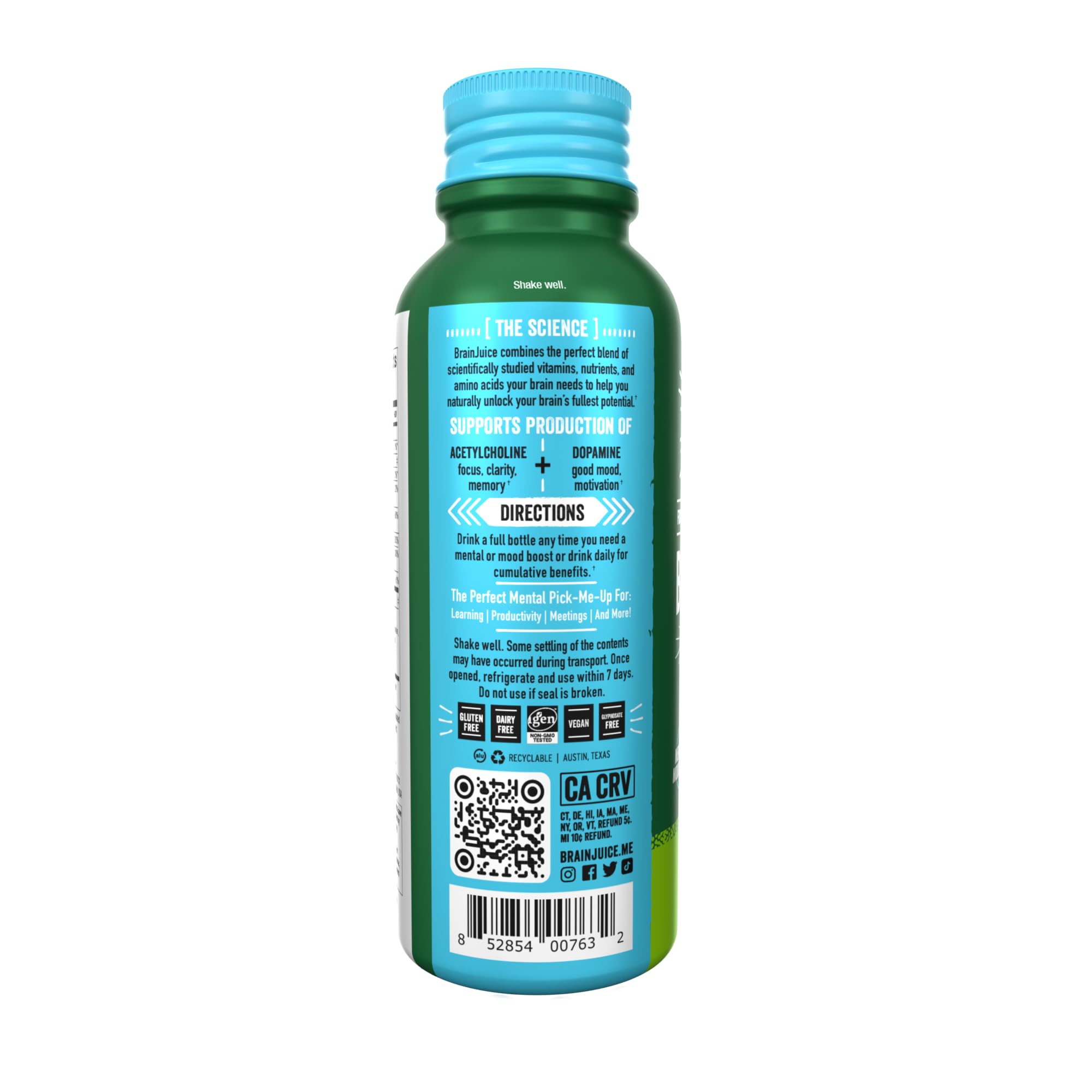 BrainJuice shot in hand ready-to-drink for quick study breaks.