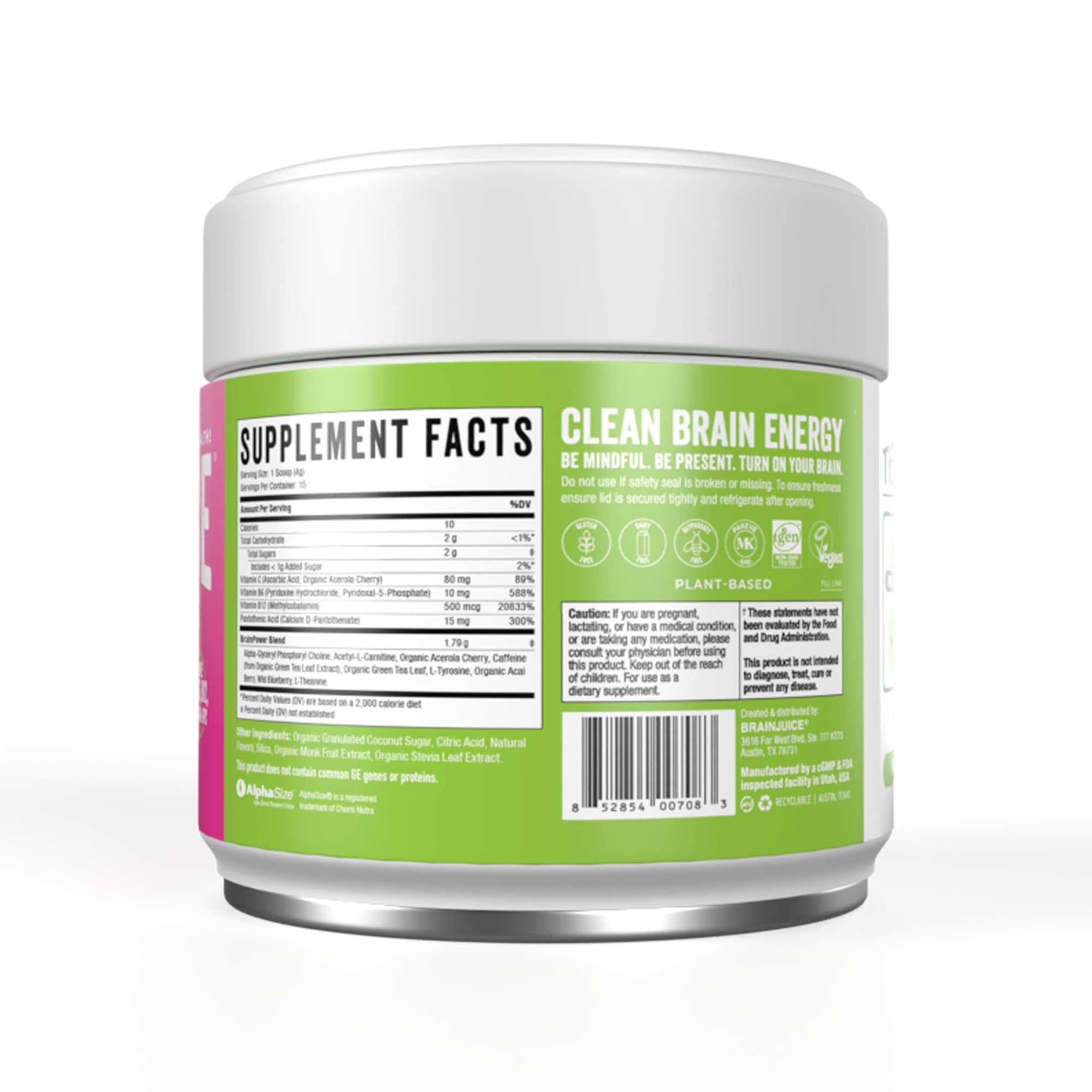 Graphic showing Alpha-GPC, L-Theanine, B vitamins in BrainJuice ingredients