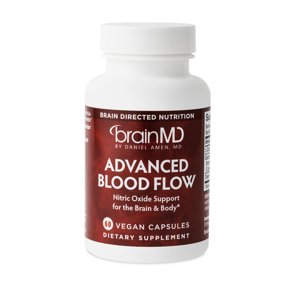 BrainMD Advanced Blood Flow bottle pose shows convenient NO support for brain and body.