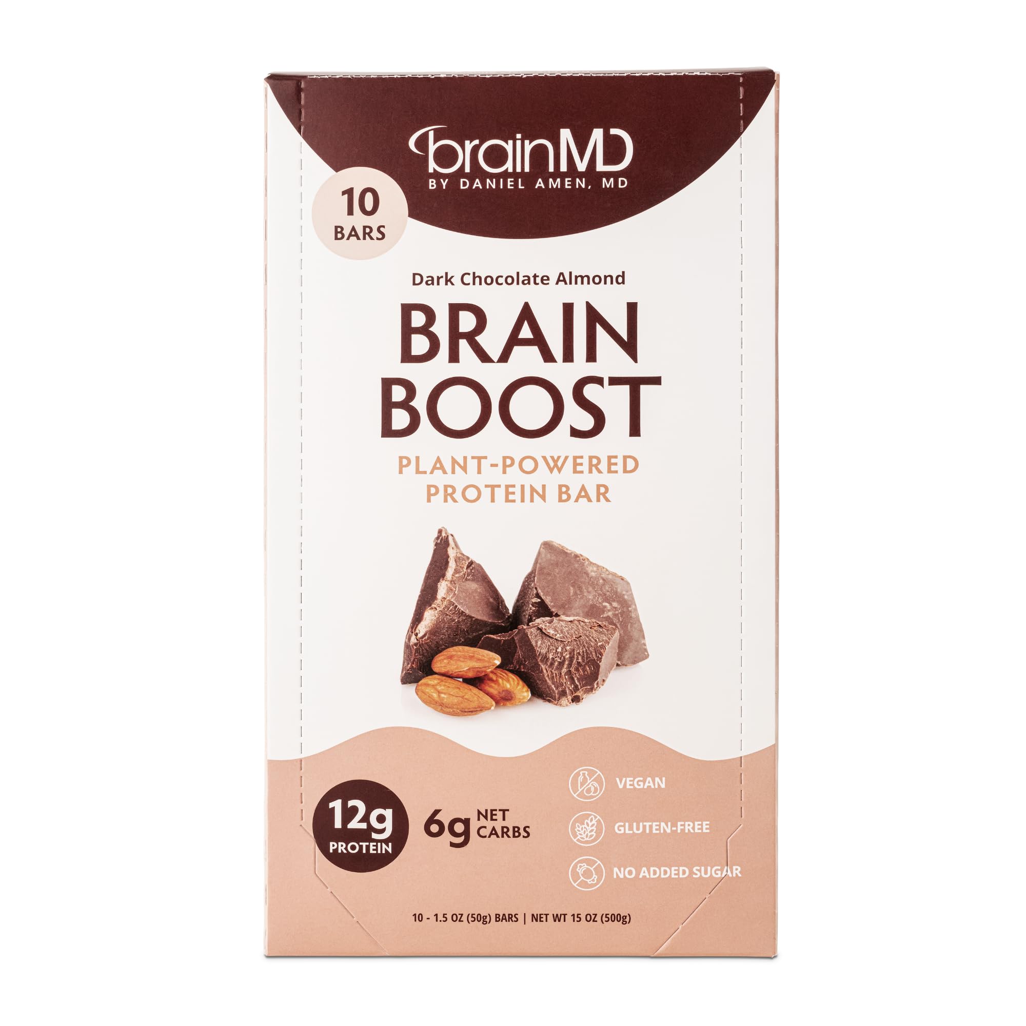 BrainMD Brain Boost dark chocolate almond bar packaging highlights plant-powered ingredients