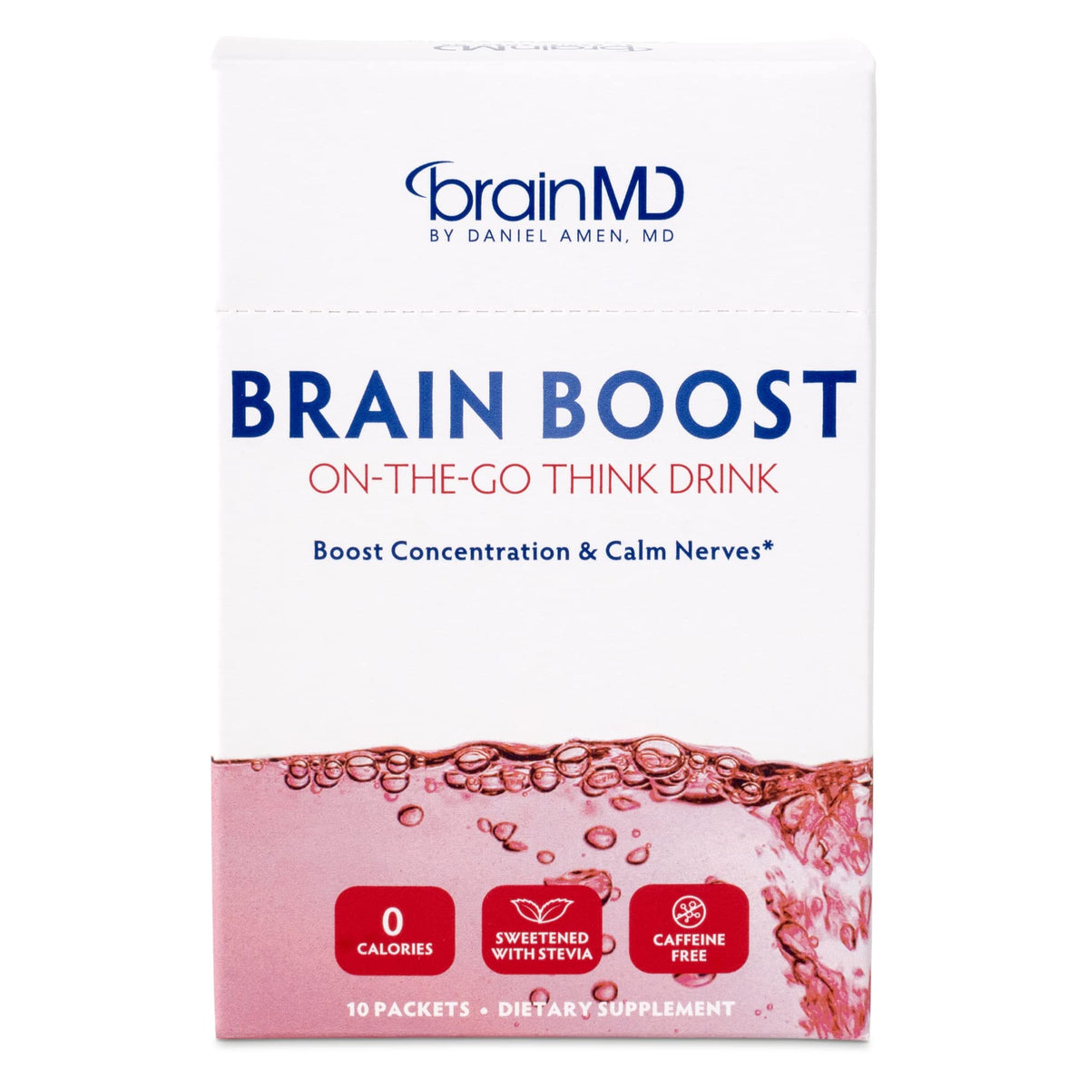 BrainMD Brain Boost on the Go berry packet ready to mix for focused energy.
