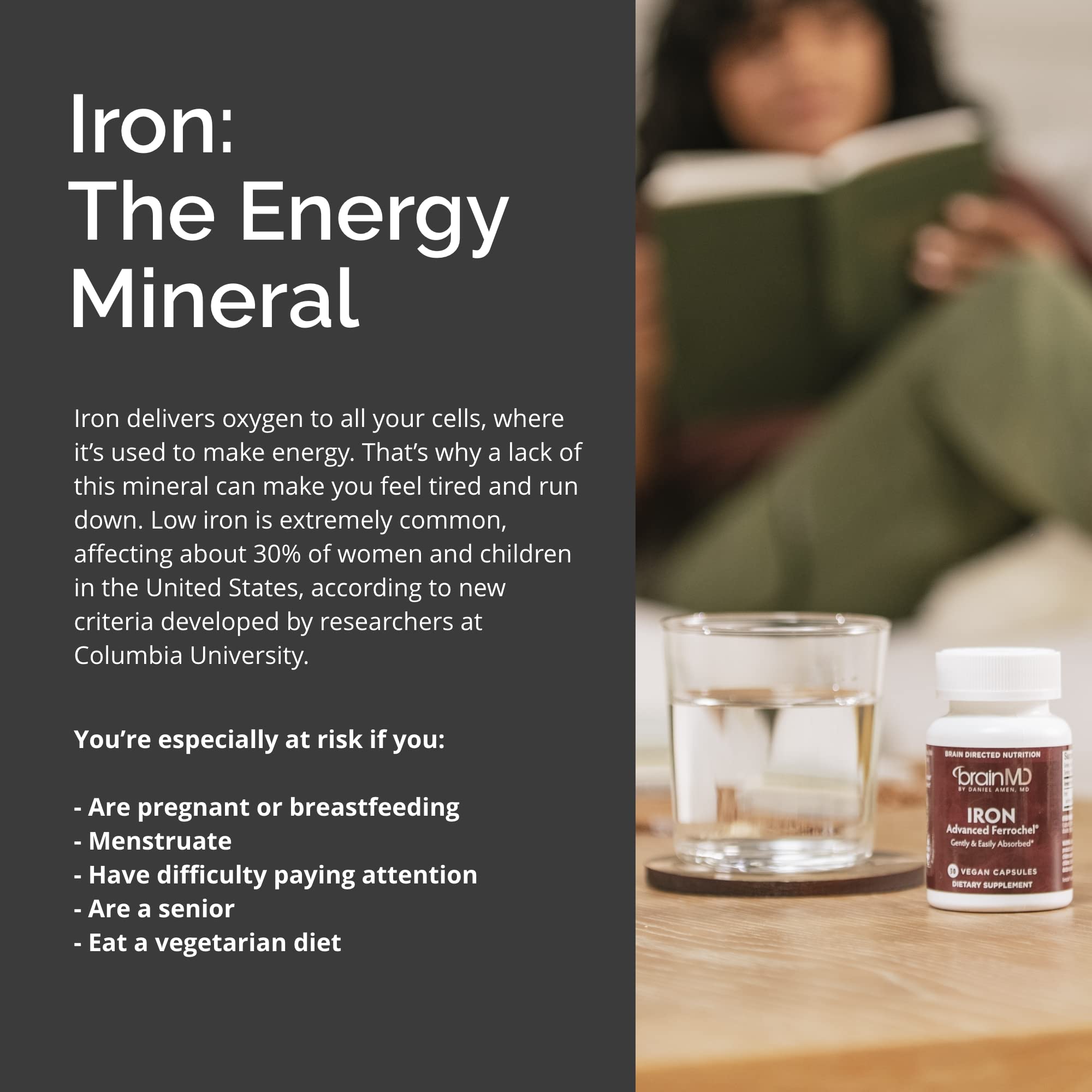 Gluten-free BrainMD Iron supplement packaging back label