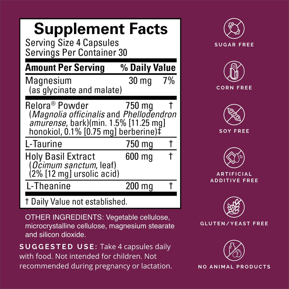 Ingredients: magnesium, holy basil, taurine, L-theanine, magnolia, and Phellodendron amurense bark