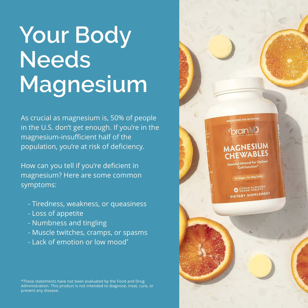 Supplement facts panel for BrainMD Magnesium Chewables Citrus