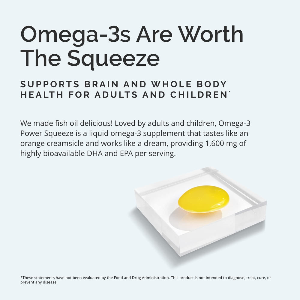 Nutrition facts panel for BrainMD Omega-3 Power Squeeze Citrus Blast