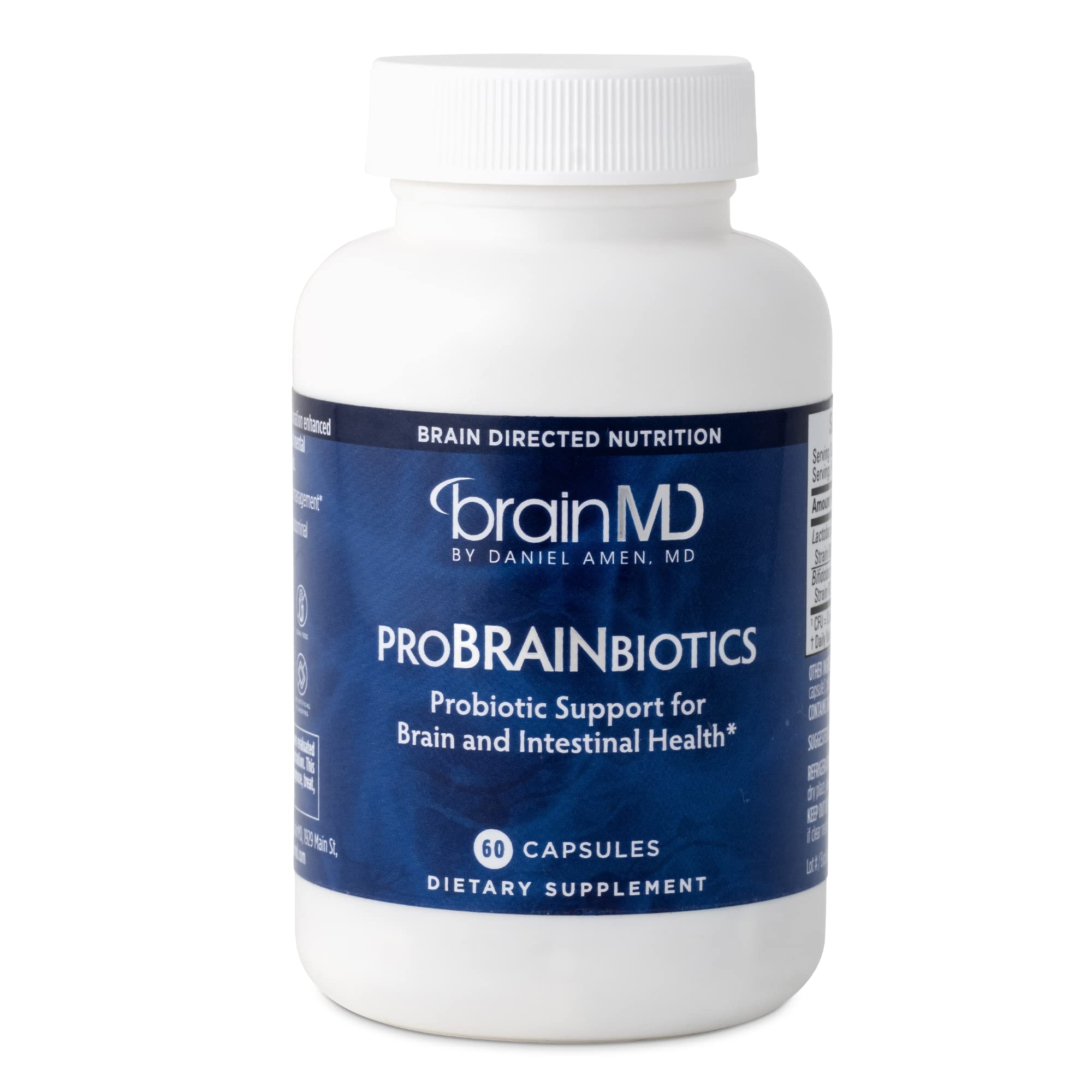 BrainMD ProBRAINbiotics bottle label showing 3 Billion CFU, 60 capsules
