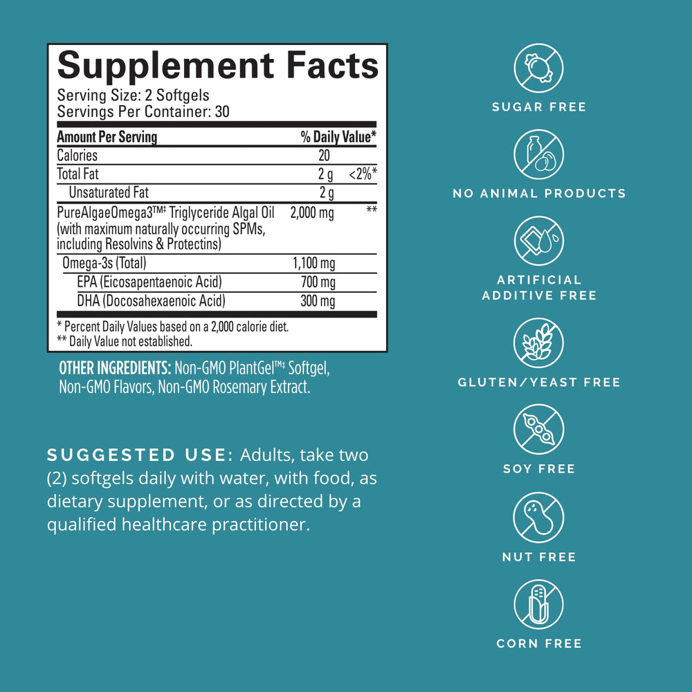 Close-up of 60 vegan omega-3 softgels