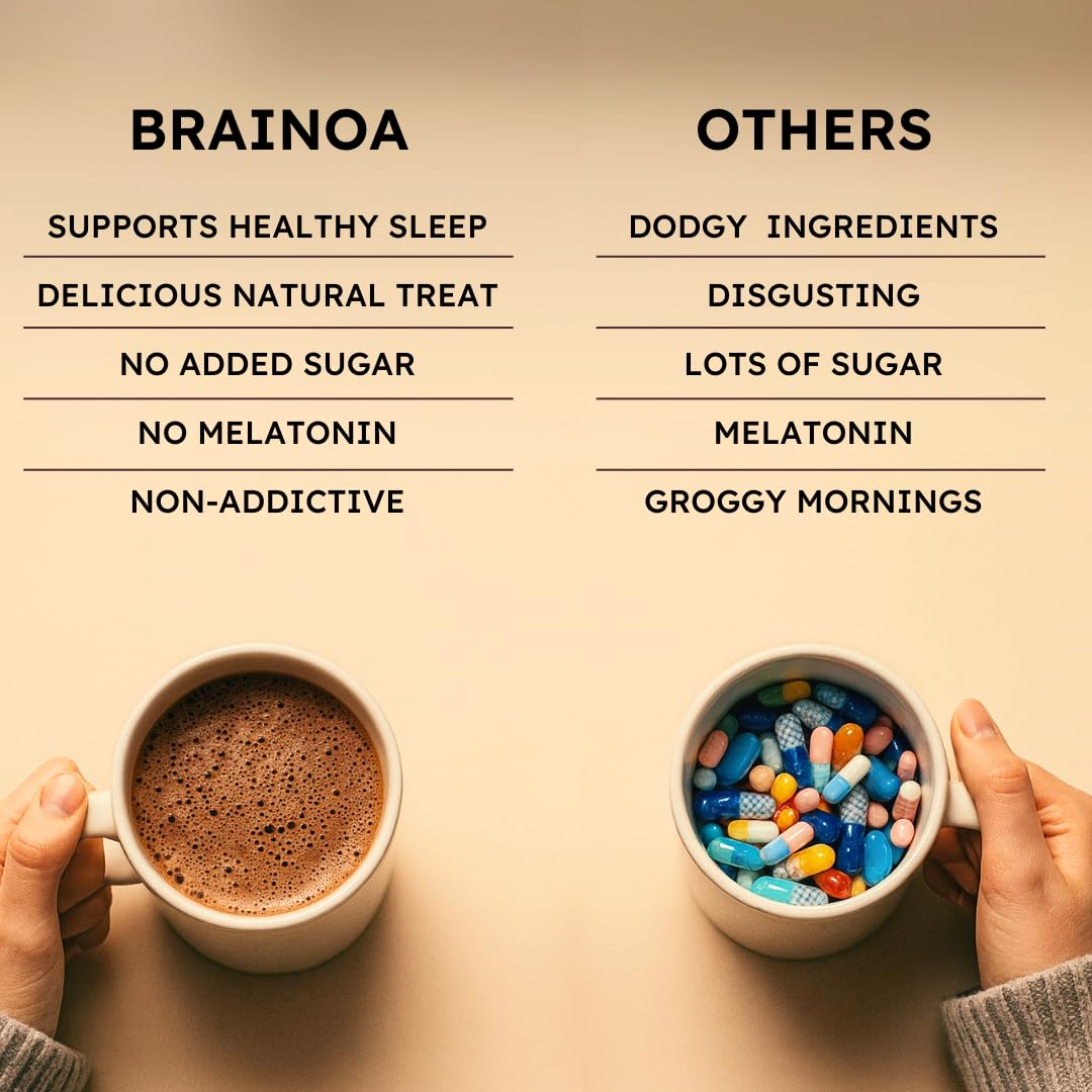 Brainoa Sleep Cocoa packaging highlighting vegan, gluten-free claims