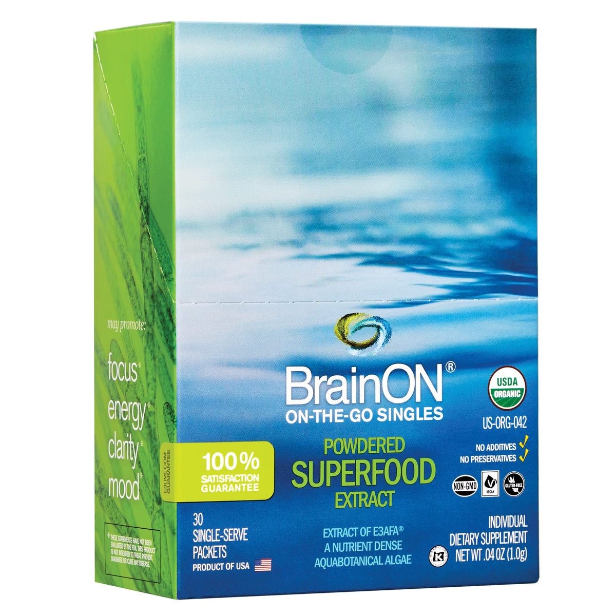 BrainOn On-The-Go-Singles bottle label and packaging