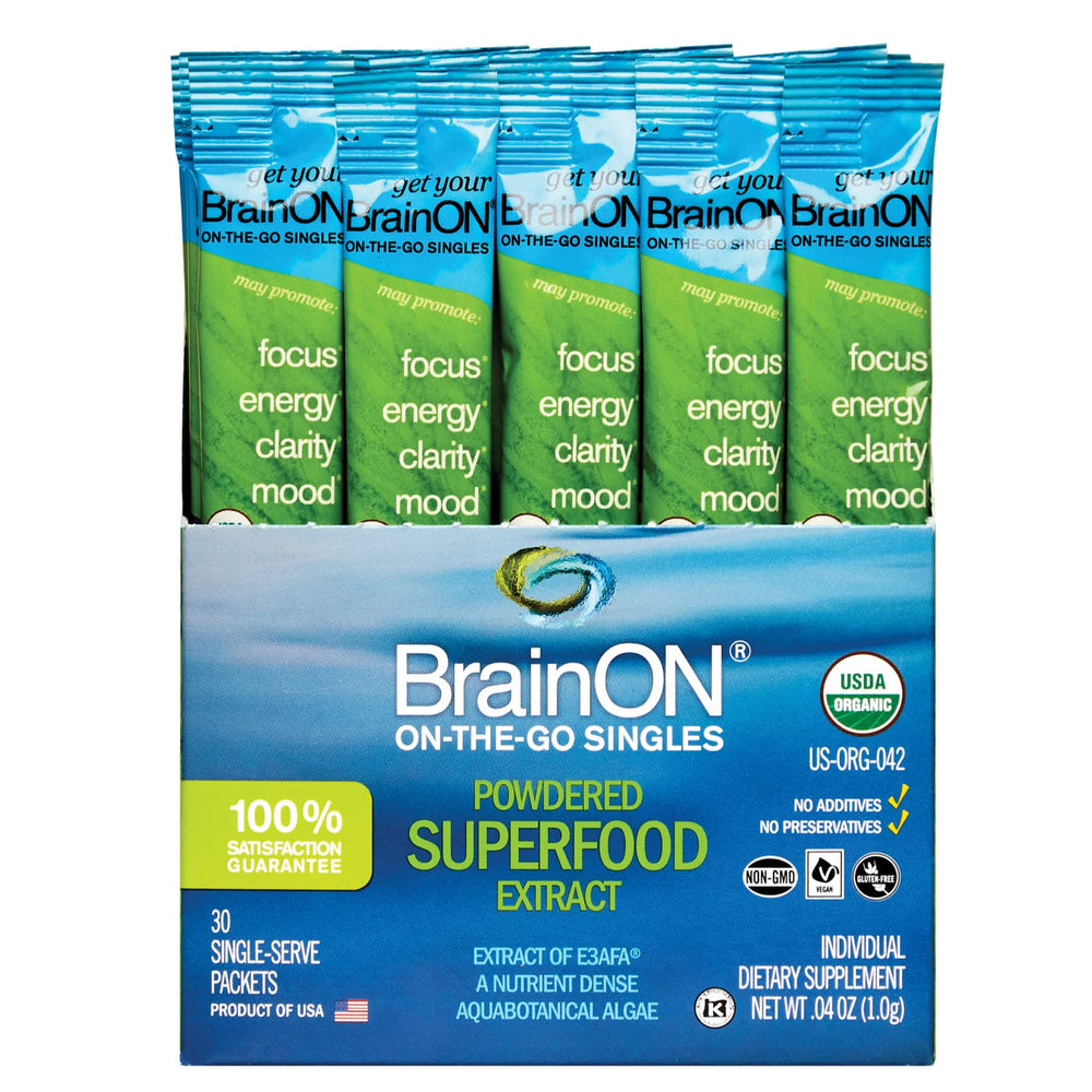 BrainOn On-The-Go-Singles product bottle on a kitchen counter