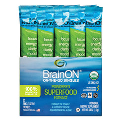 BrainOn On-The-Go-Singles product bottle on a kitchen counter