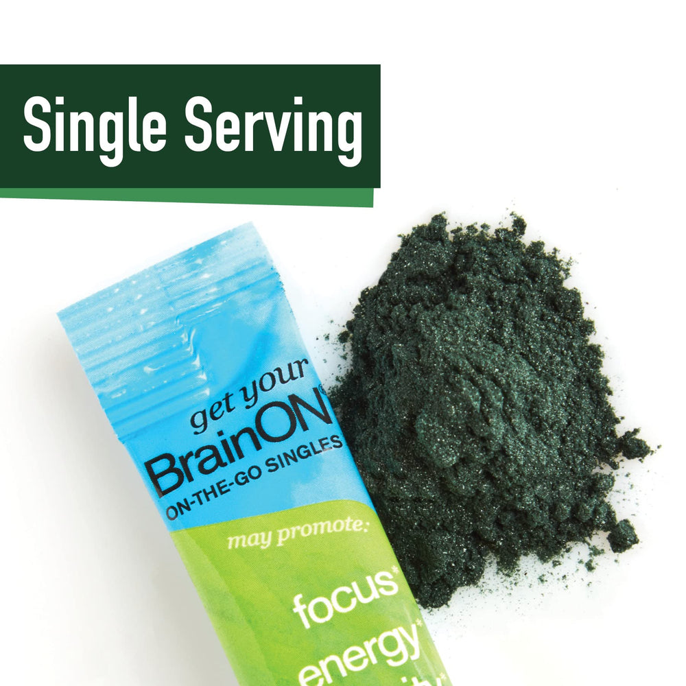 BrainOn On-The-Go-Singles packaging with AFA algae imagery