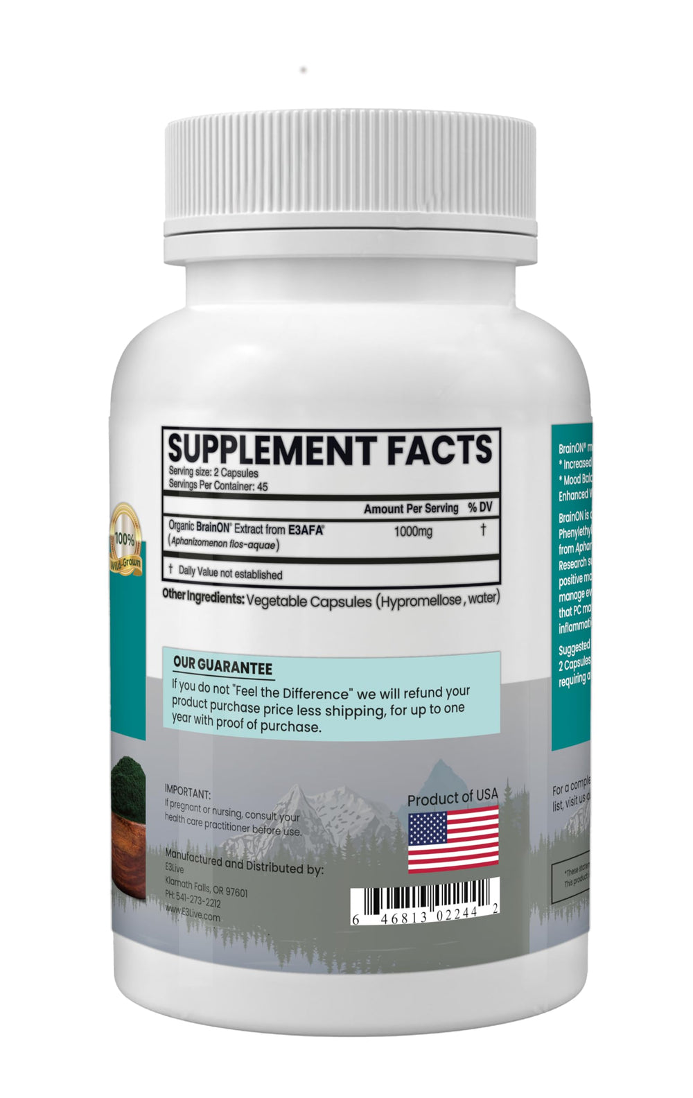 Close-up of BrainON capsules highlighting 25% more per capsule