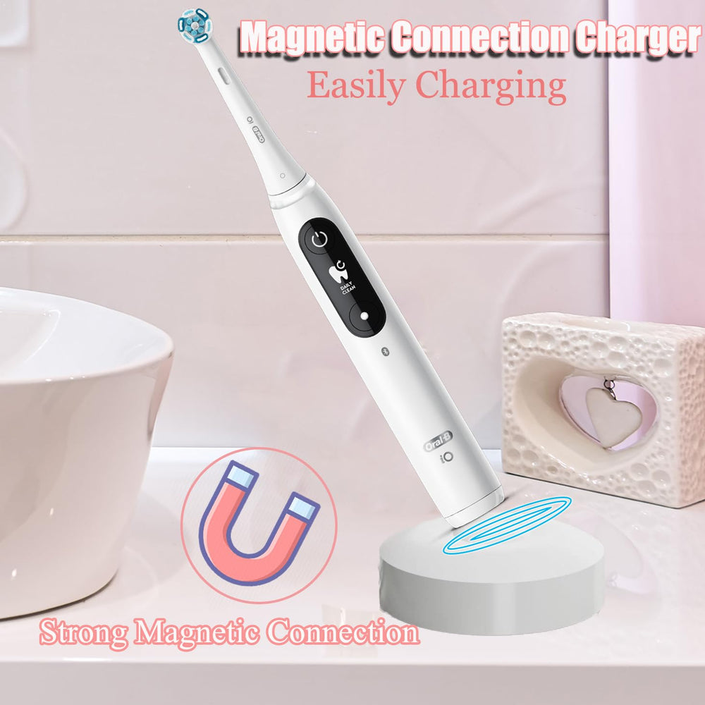 Front view of white Braun iO charging base with magnet